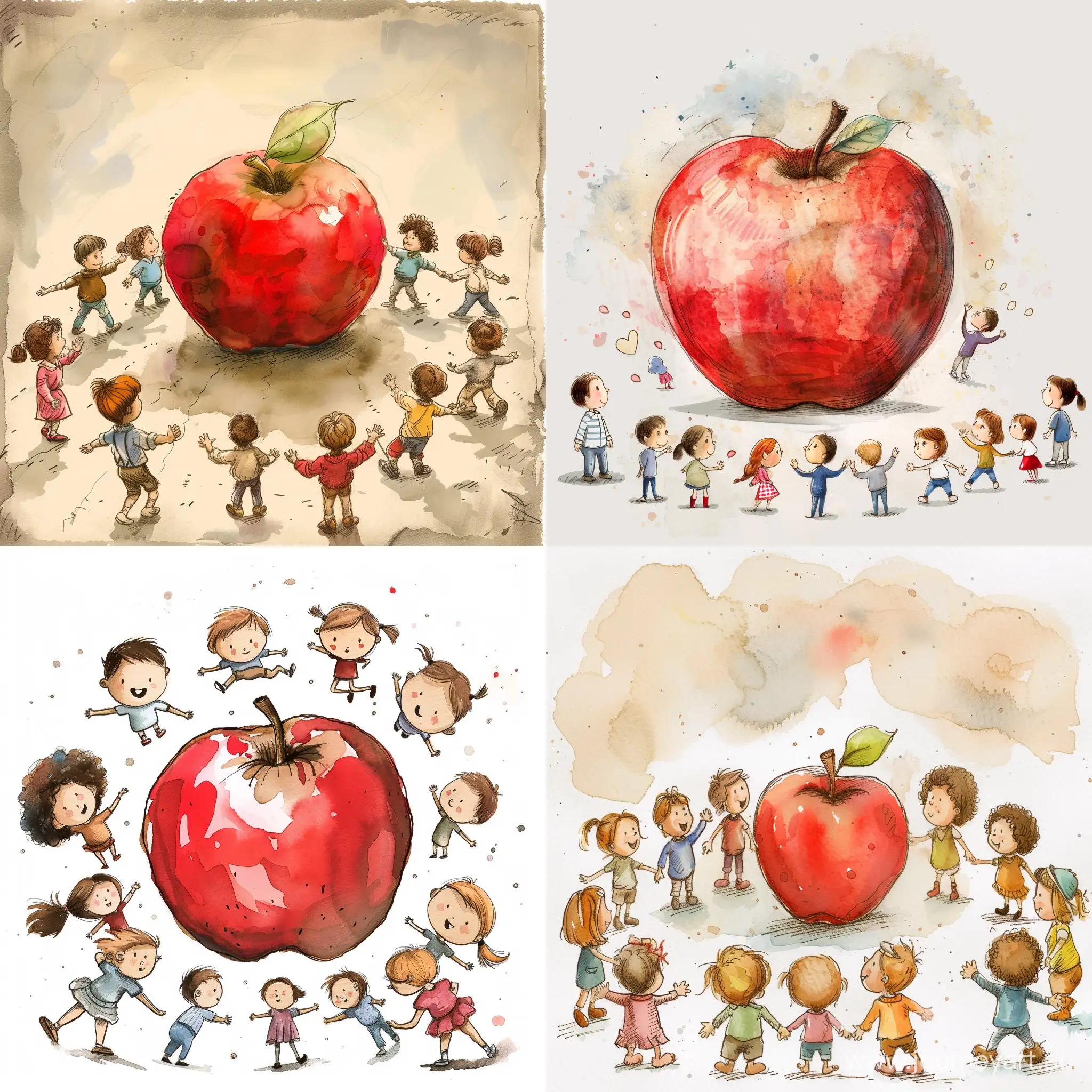water colored red apple surrounded by small children cartoon --v 6 --ar 1:1 --no 28890