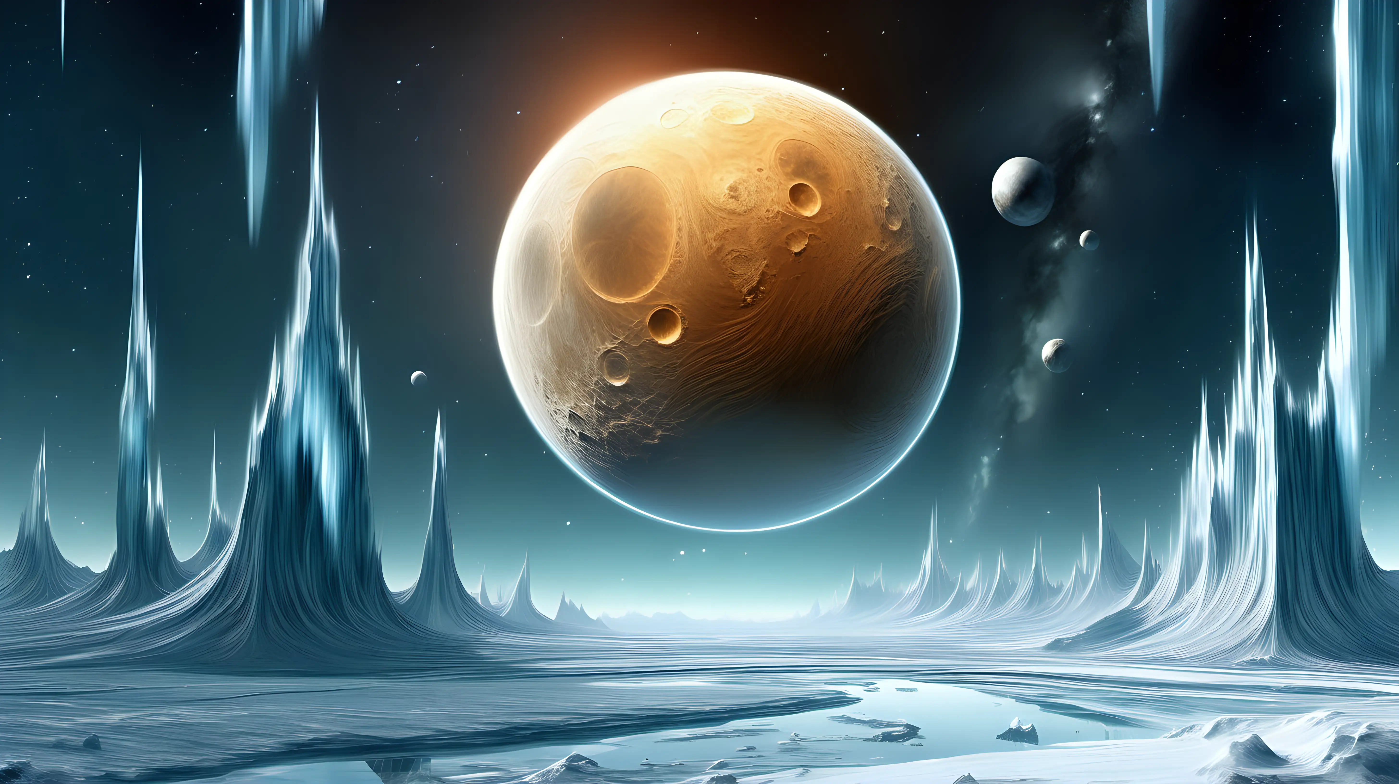 Illustrate an ice-covered moon orbiting a gas giant, showcasing the delicate dance of icy geysers erupting into space against the backdrop of the distant planet
