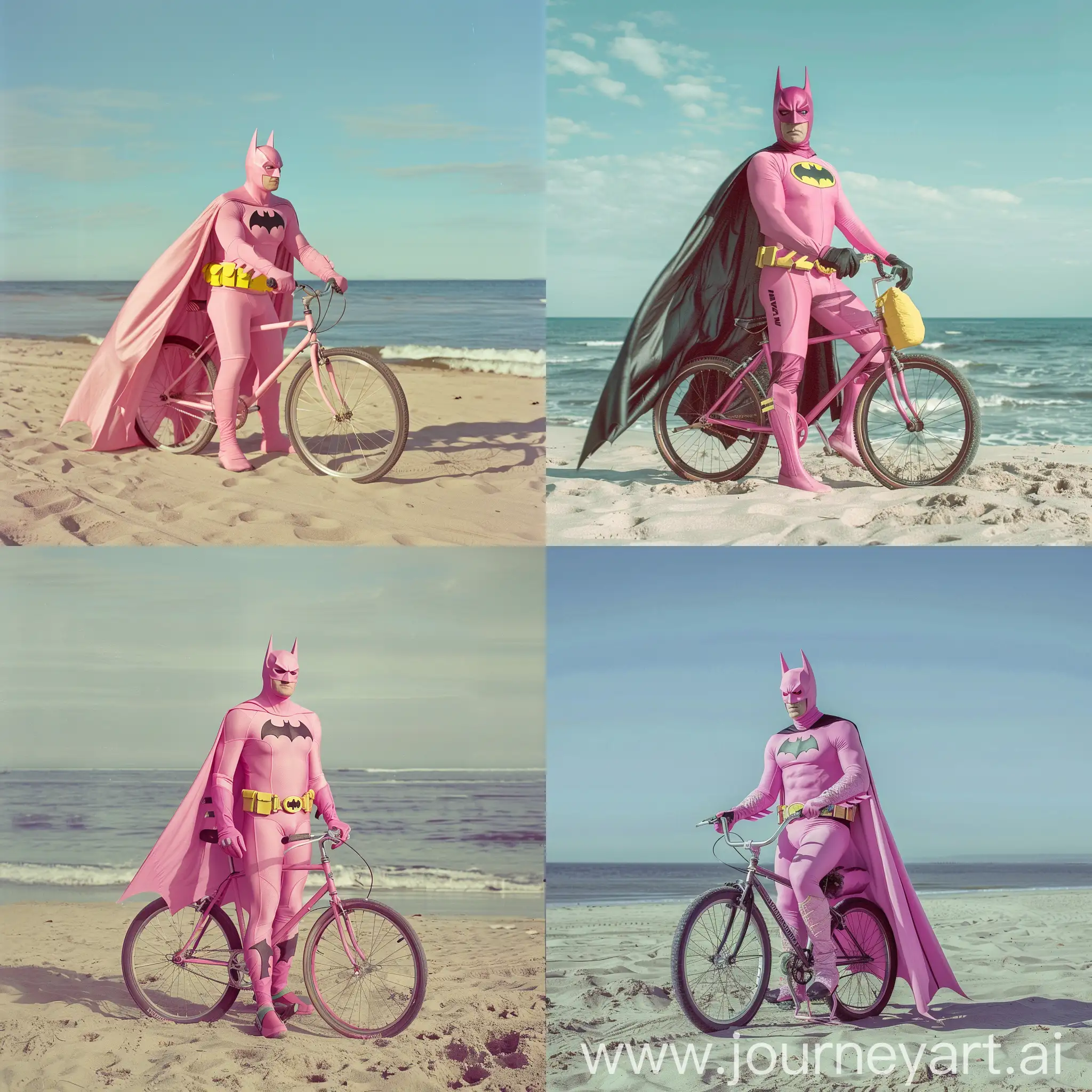 Pink batman on beach on bicyle