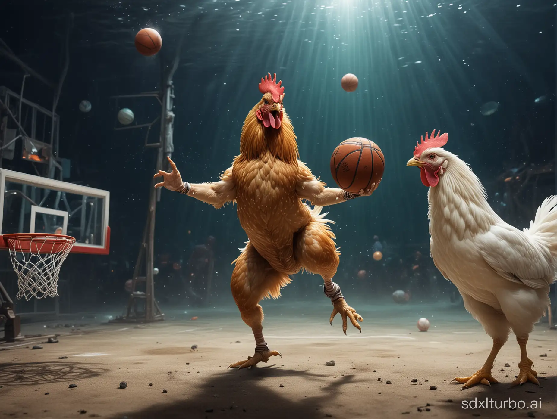 A chicken playing basketball and Cai Xukun playing basketball in the deep sea