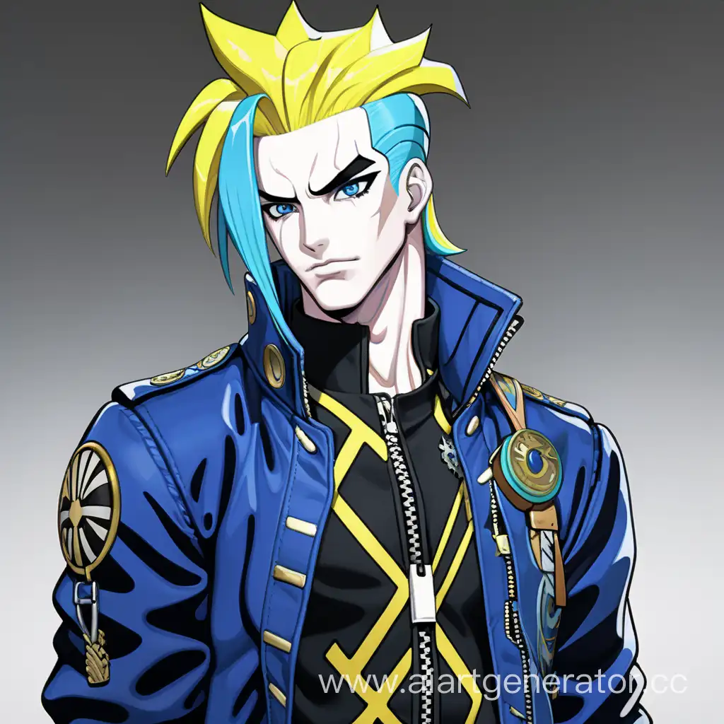 A man with blue yellow hair, white skin and a black jacket
 and jojo style