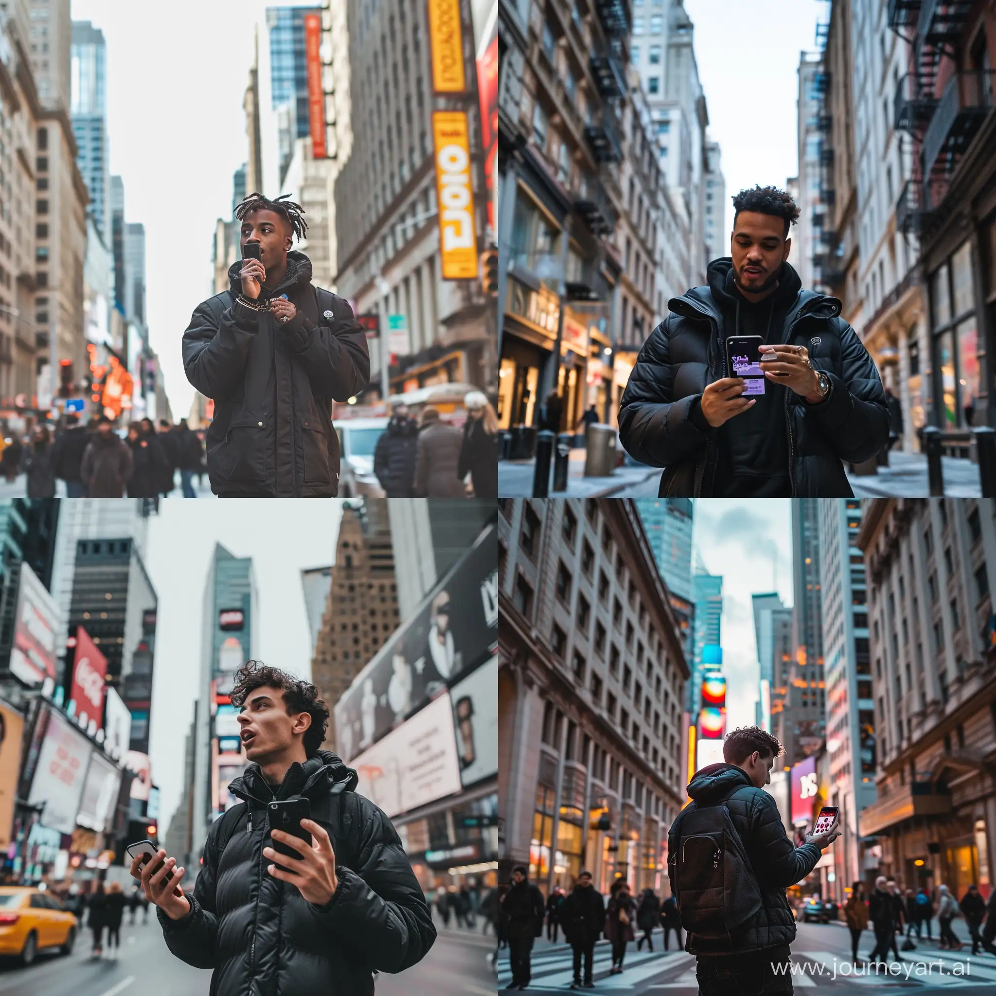 A man sending a voice on Instagram direct in the middle of the street from the front view