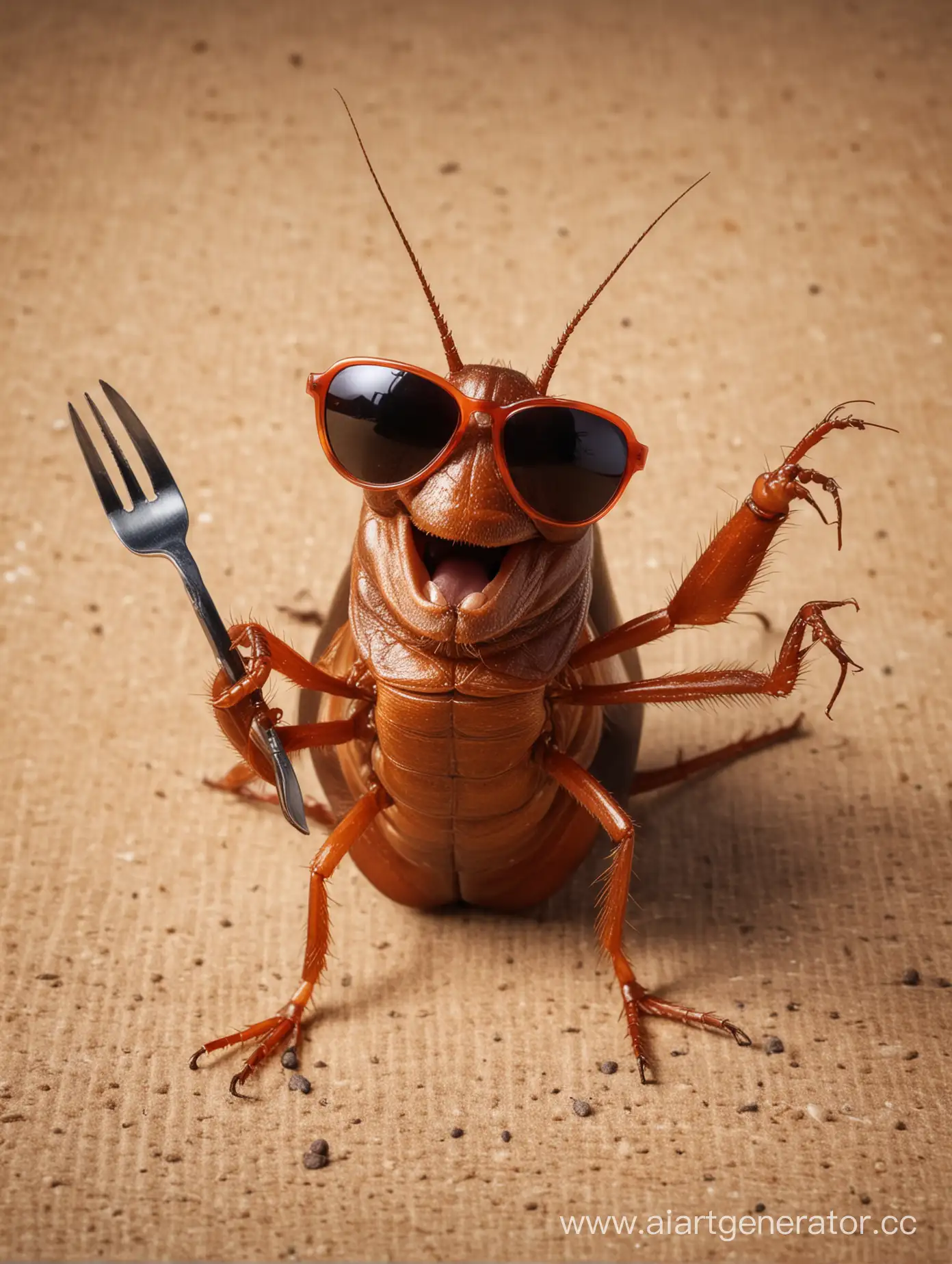 Улыбающийся таракан в солнцезащитных очках с вилкой в лапах