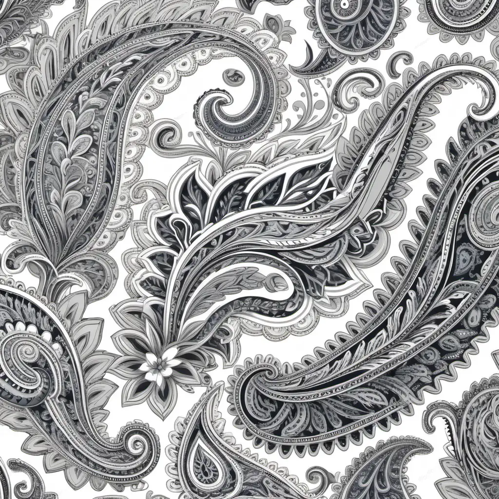 ongoing pattern of gray paisley on white background