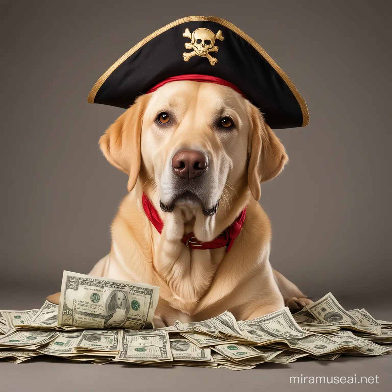 Golden Labrador Retriever Surrounded by Wealth in Pirate Attire