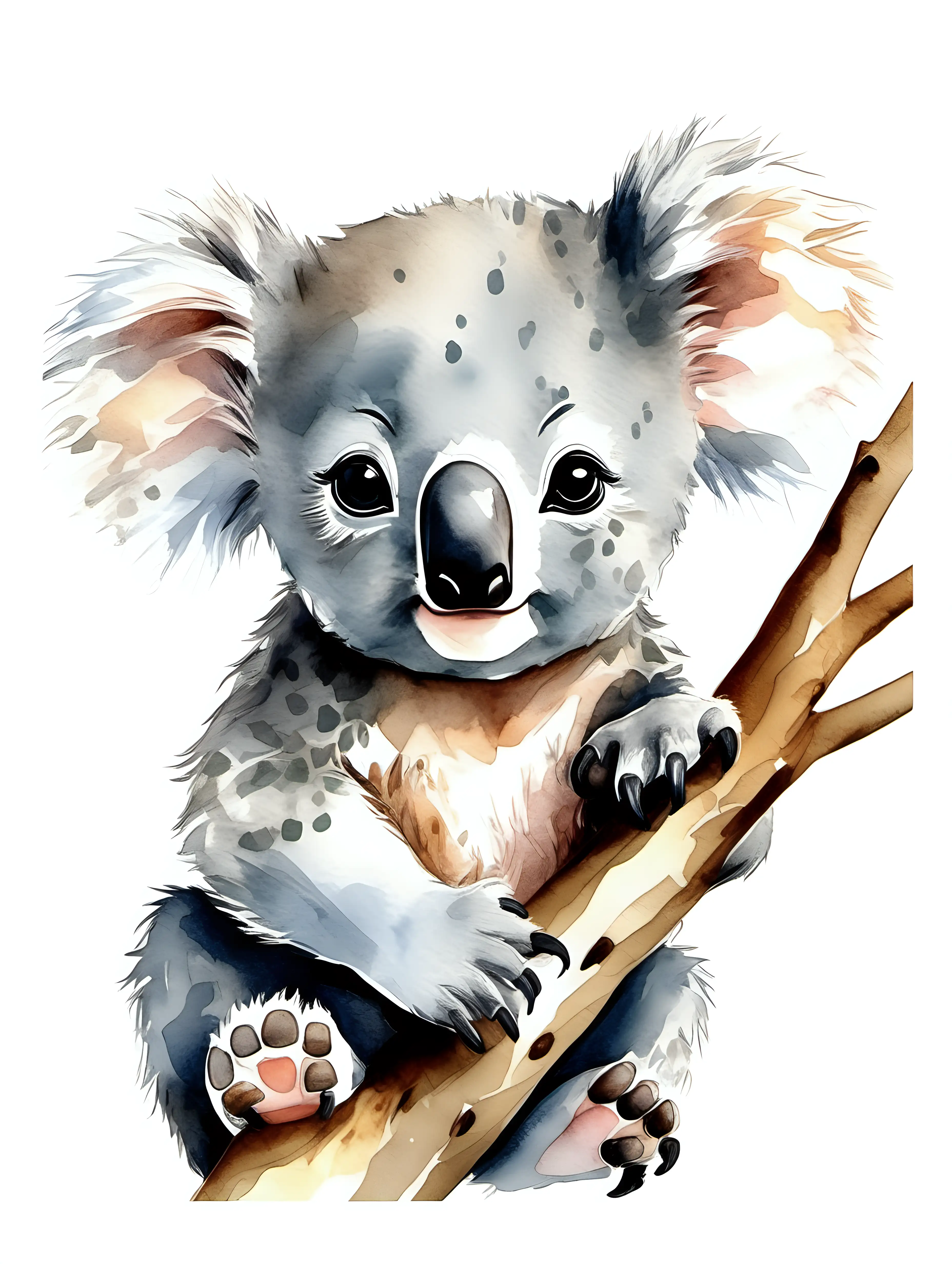 water color drawing of baby koala, woodland style, cute, light colors, big eyes, isolated white background