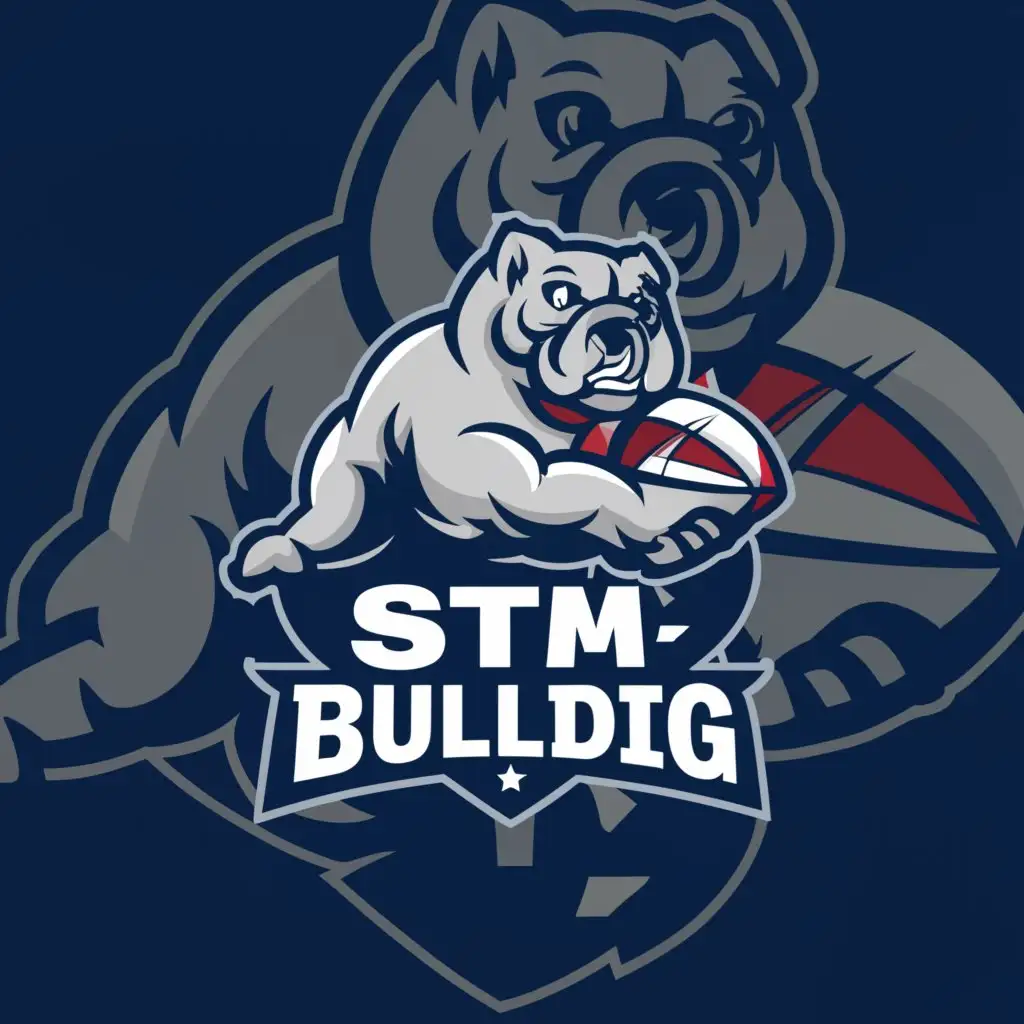 a logo design,with the text 'STK Bullets', main symbol:a bulldog steeping a gun and picking up huge rugby ball   use (dark blue and white color with clear background,Moderate,be used in Sports Fitness industry,clear background