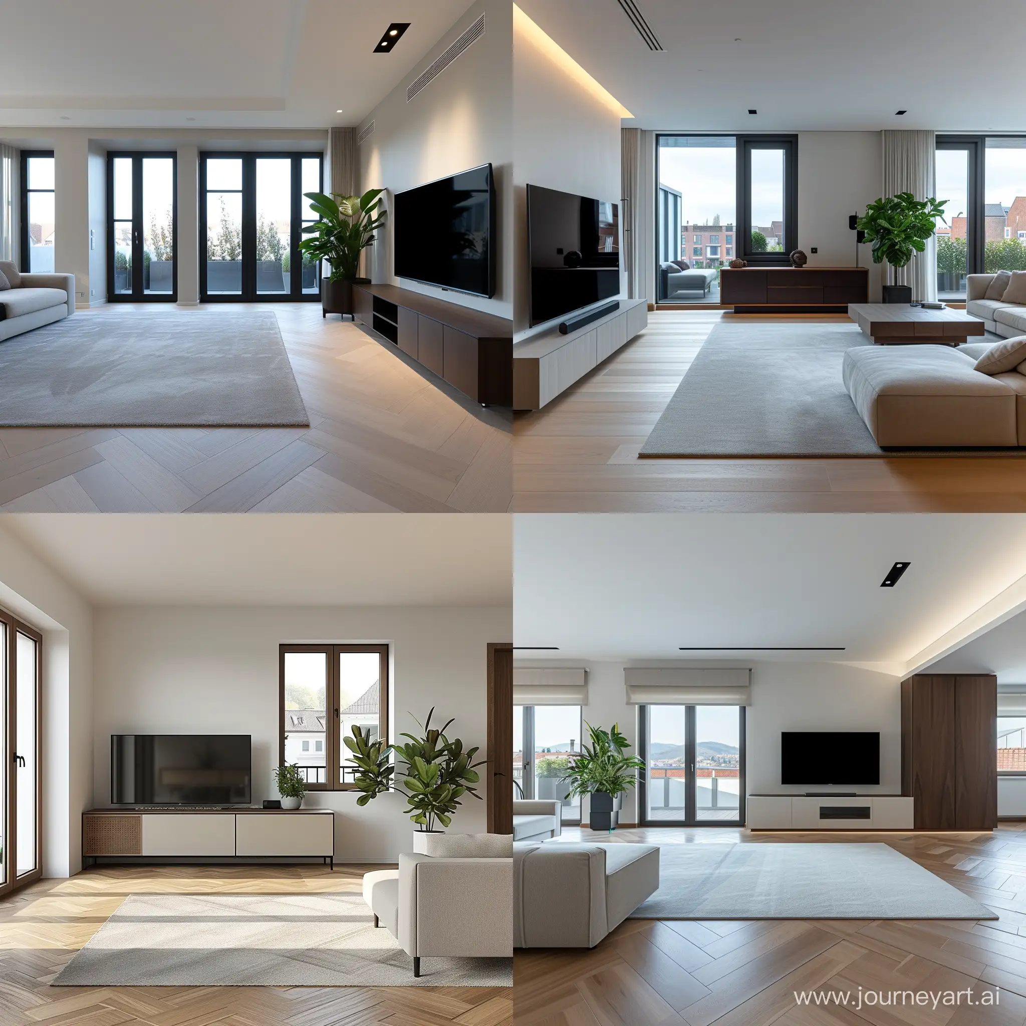 soggiorno moderno stile minimal parquet chiaro  pareti chiare mobile tv tappeto grigio chiaro pianta ornamentale  finestre legno scuro affaccio sul terrazzo 