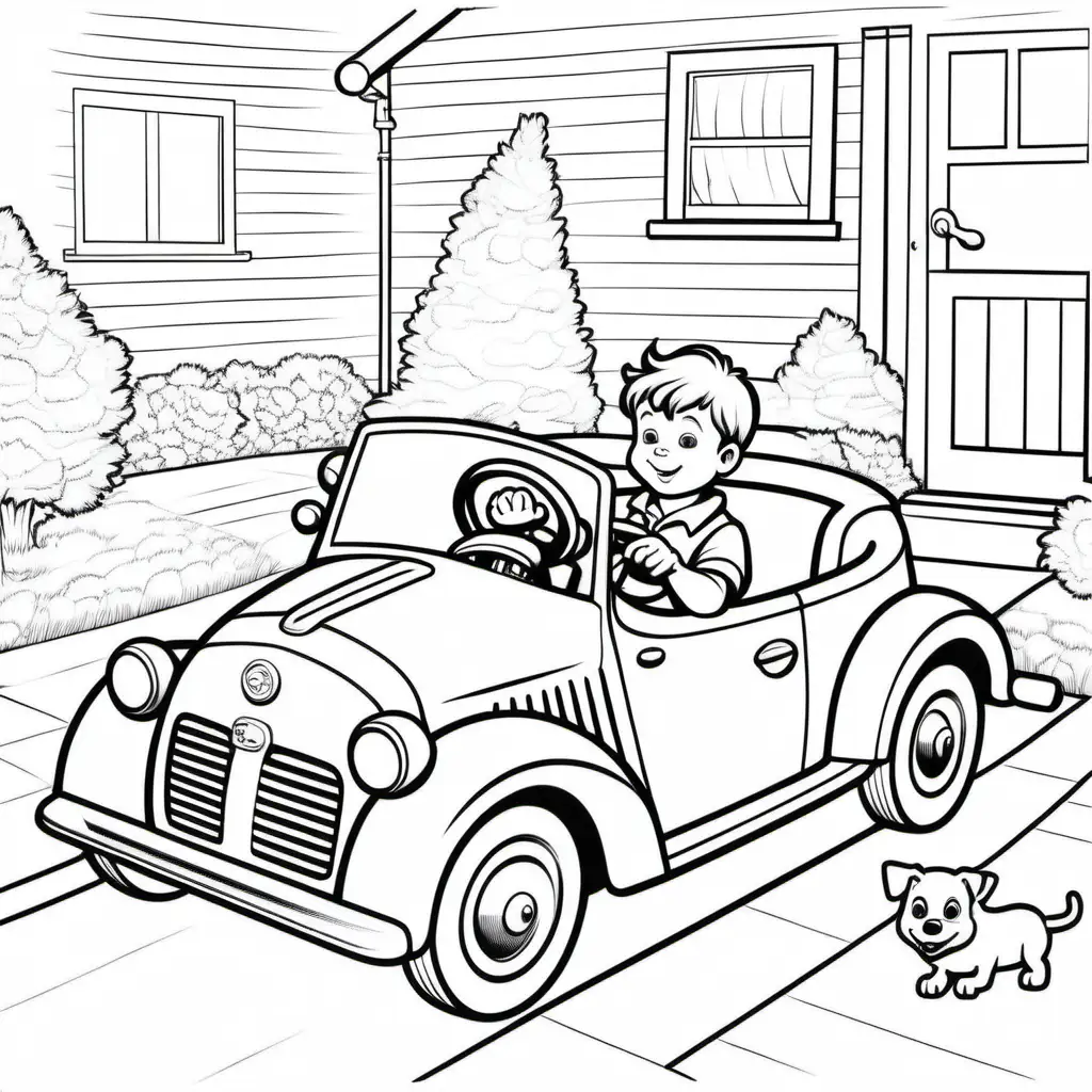 colouring page for kid DRIVING car vintage , , boy ,   around the house , ball , dog.  Cat .
cartoon style , thick lines , low detail , no shading --r 911