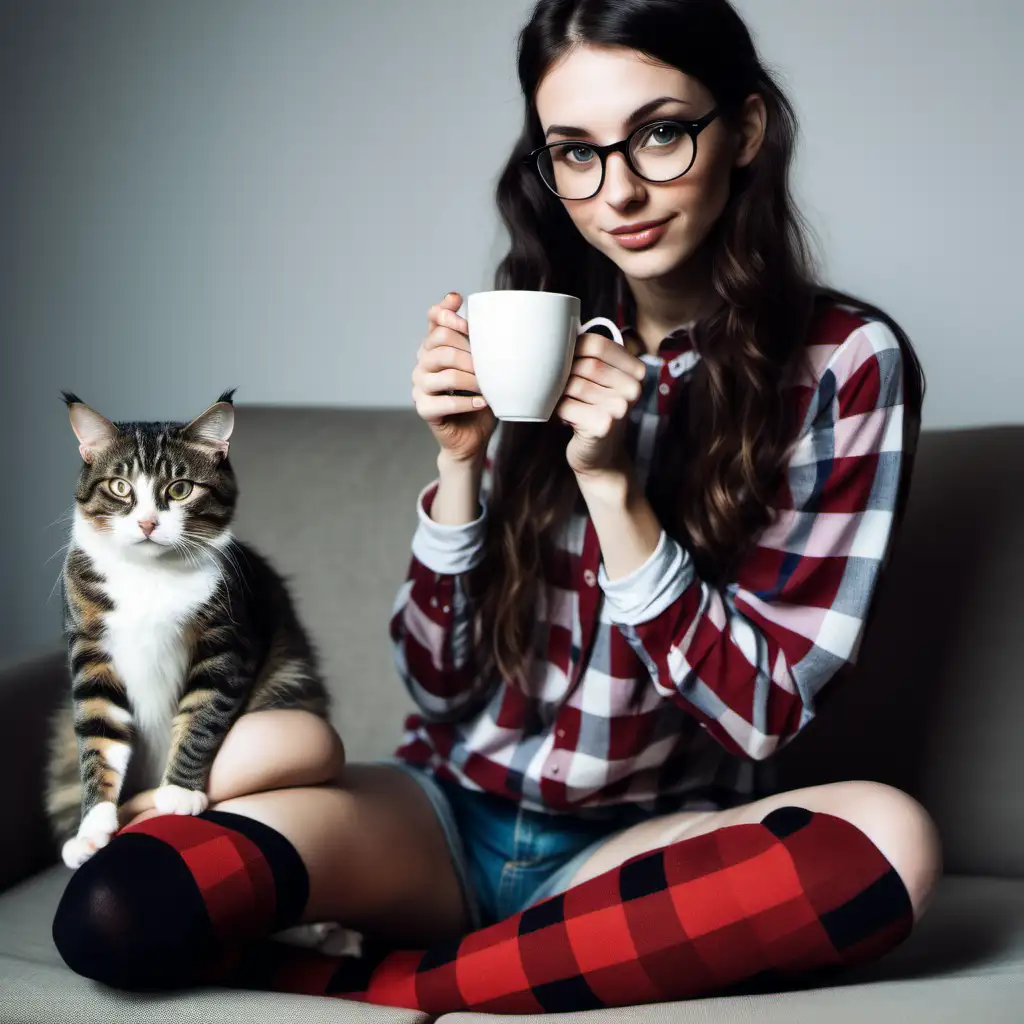 a skinny brunette woman with glasses, wearing knee high socks, holding a cat, wearing a plaid shirt, cup of coffee
