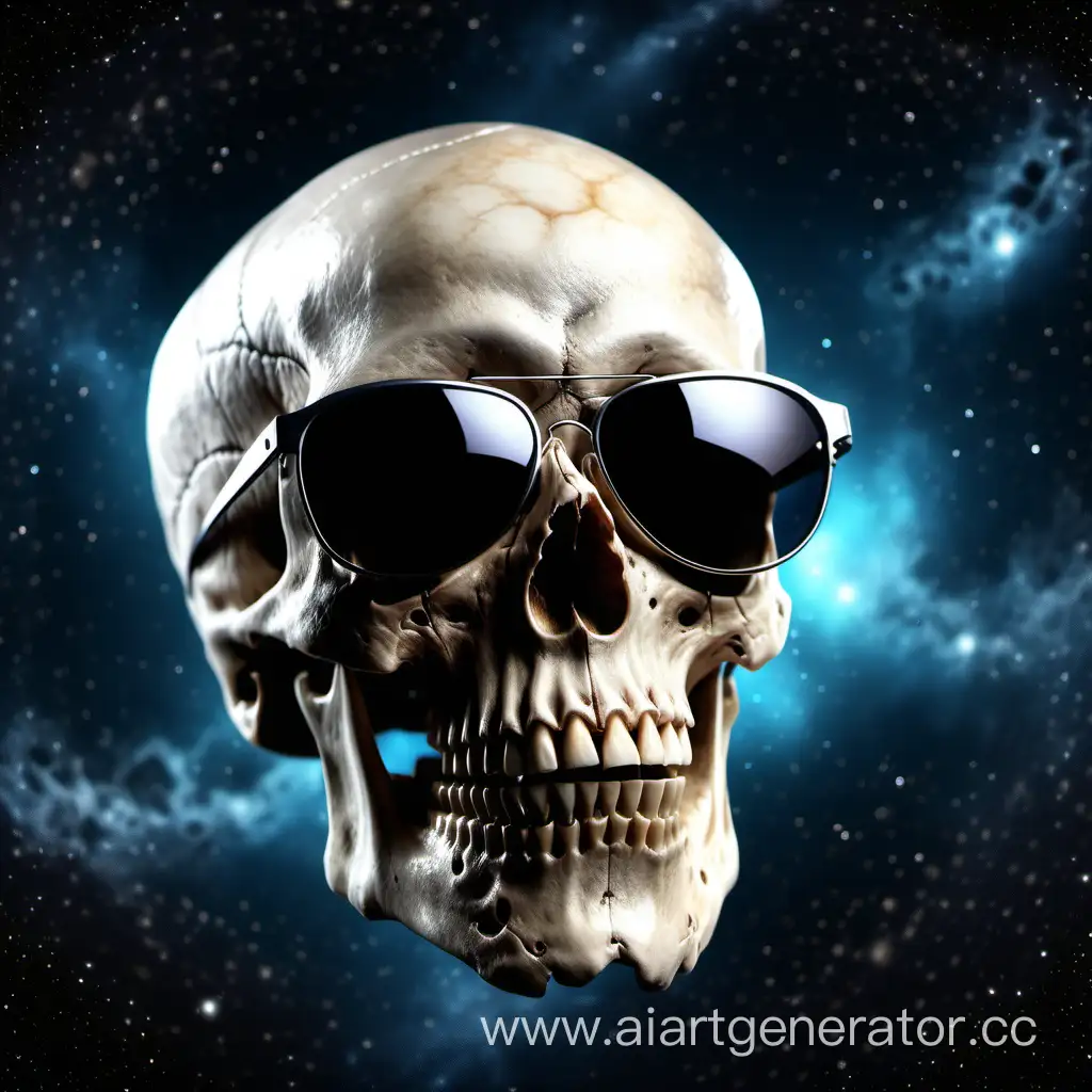 Realistic human skull with black sunglasses, space background