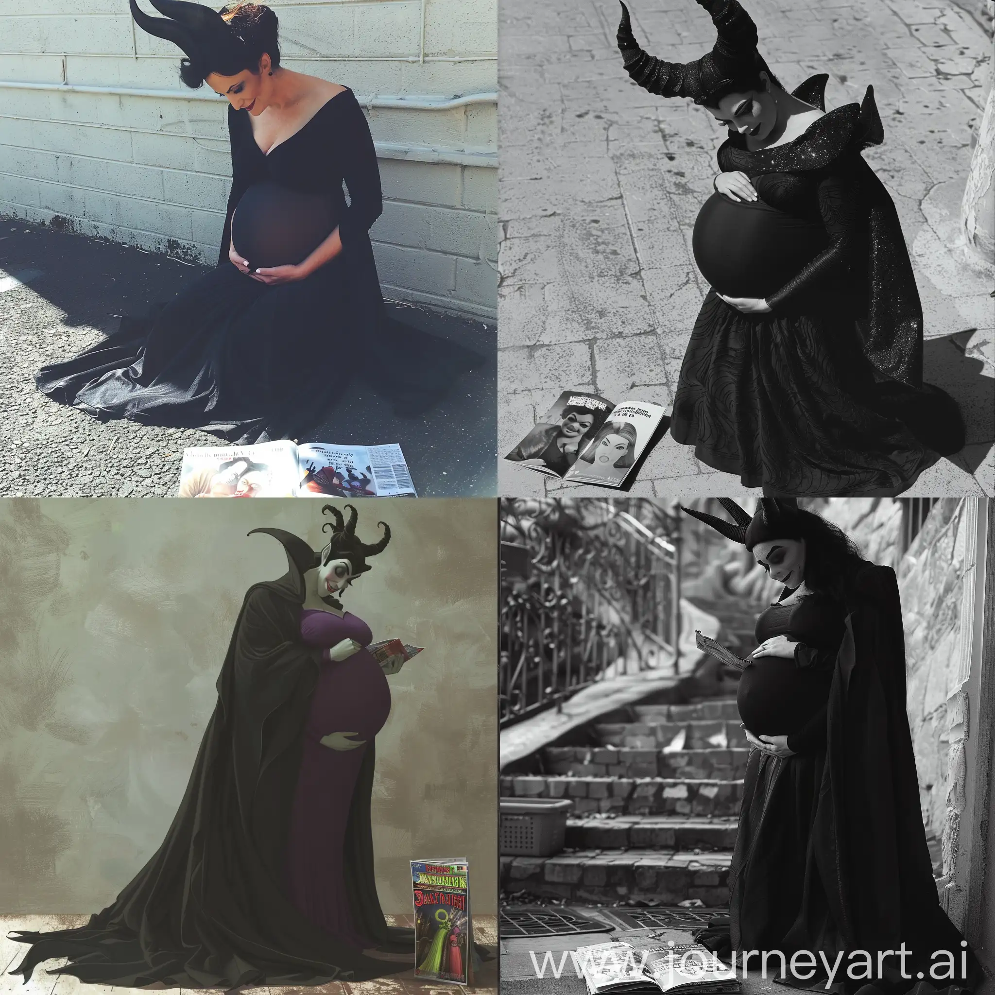 Pregnant-Maleficent-Contemplating-While-Engrossed-in-a-Magazine