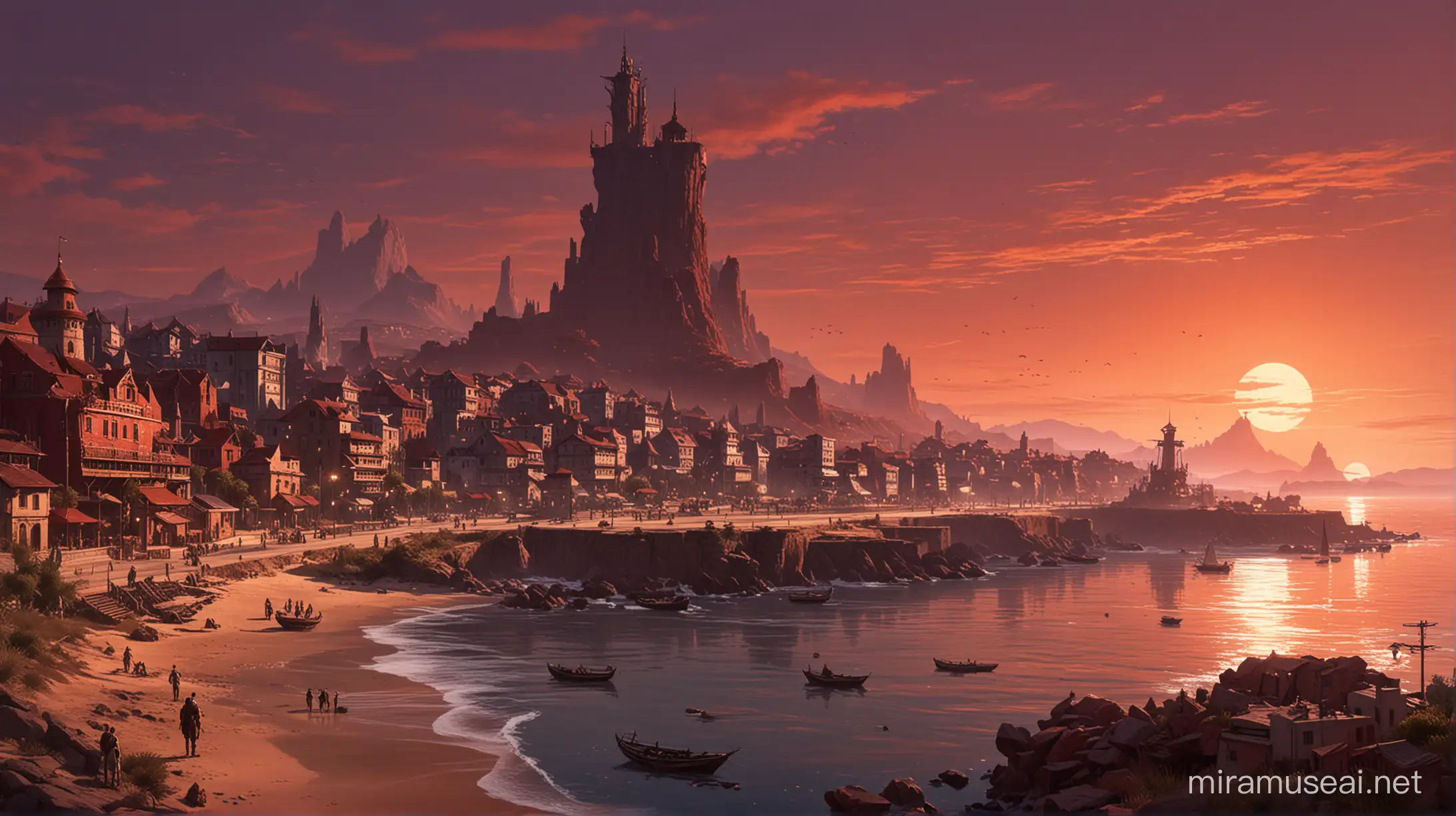 Eberron Dense Cityscape at Dusk with Vibrant Red Sky and Serene Seaside