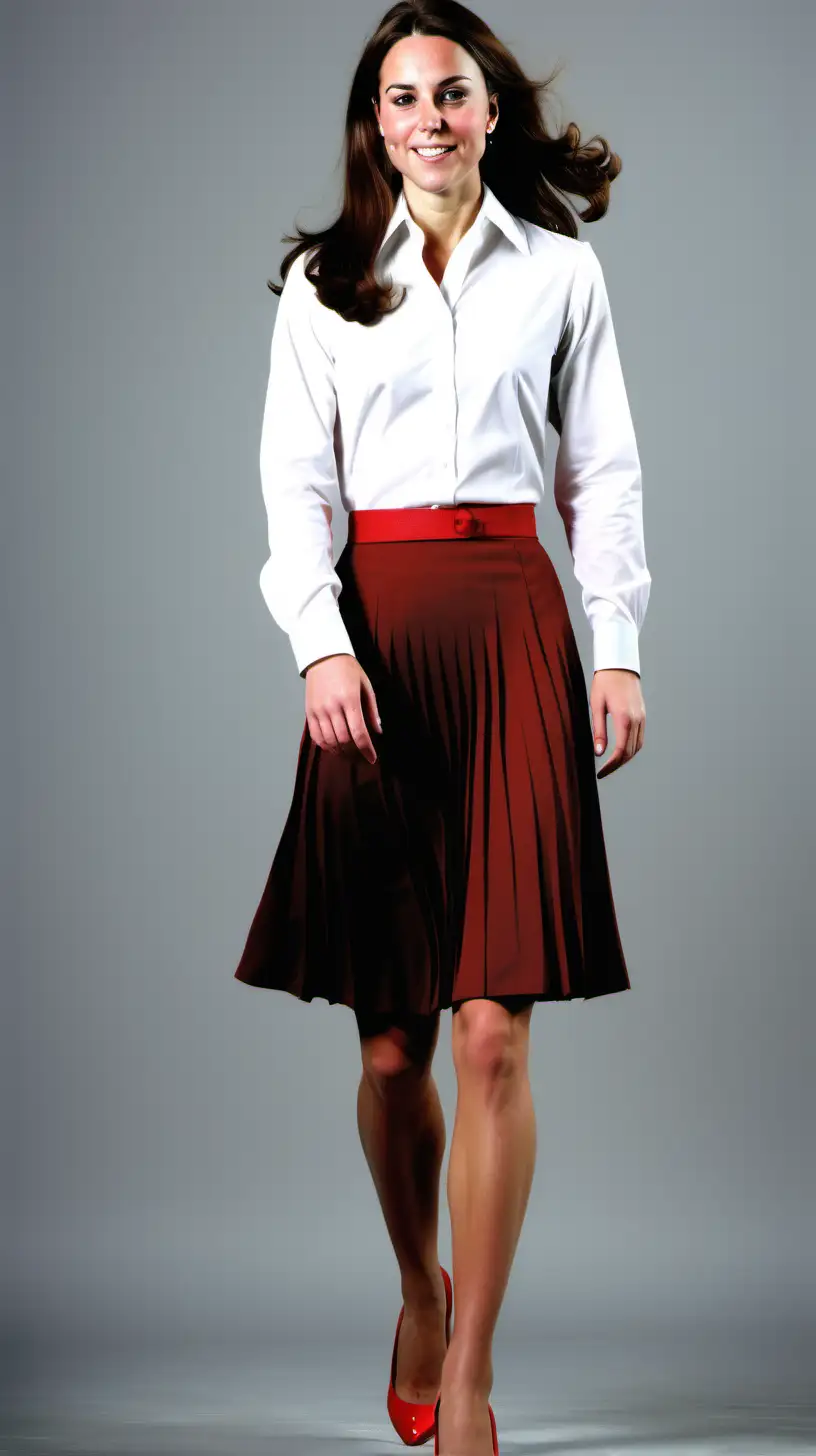 Young kate middleton, mid long dark brown hair, very wet long sleeved  white polyester shirt blouse and red pleated skirt and white pump, in brightly white background 
