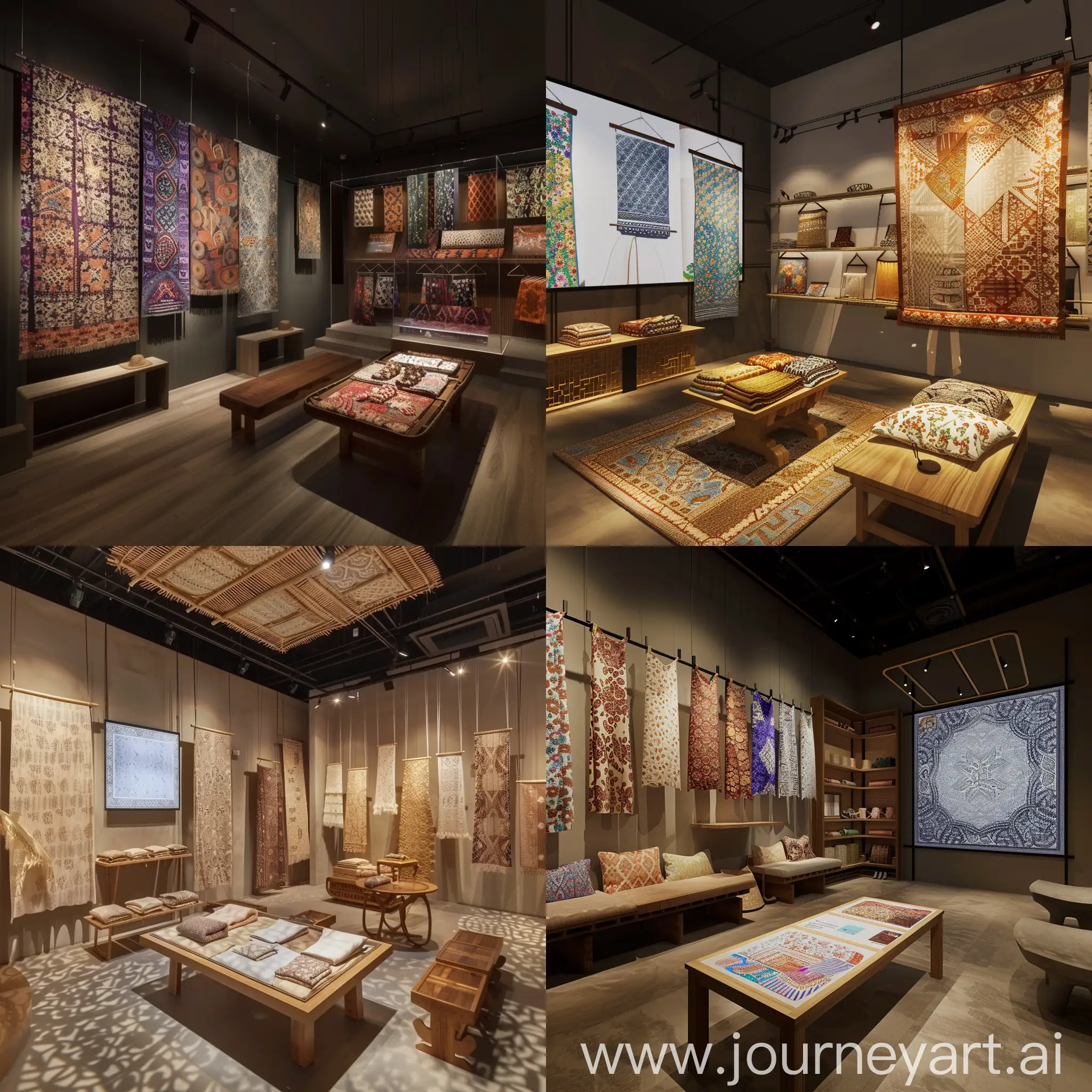 fabri shorwroom interior inspired by indonesian culture, with hang display, seating area, display table, and fabric virtual visualisation screen on the wall.