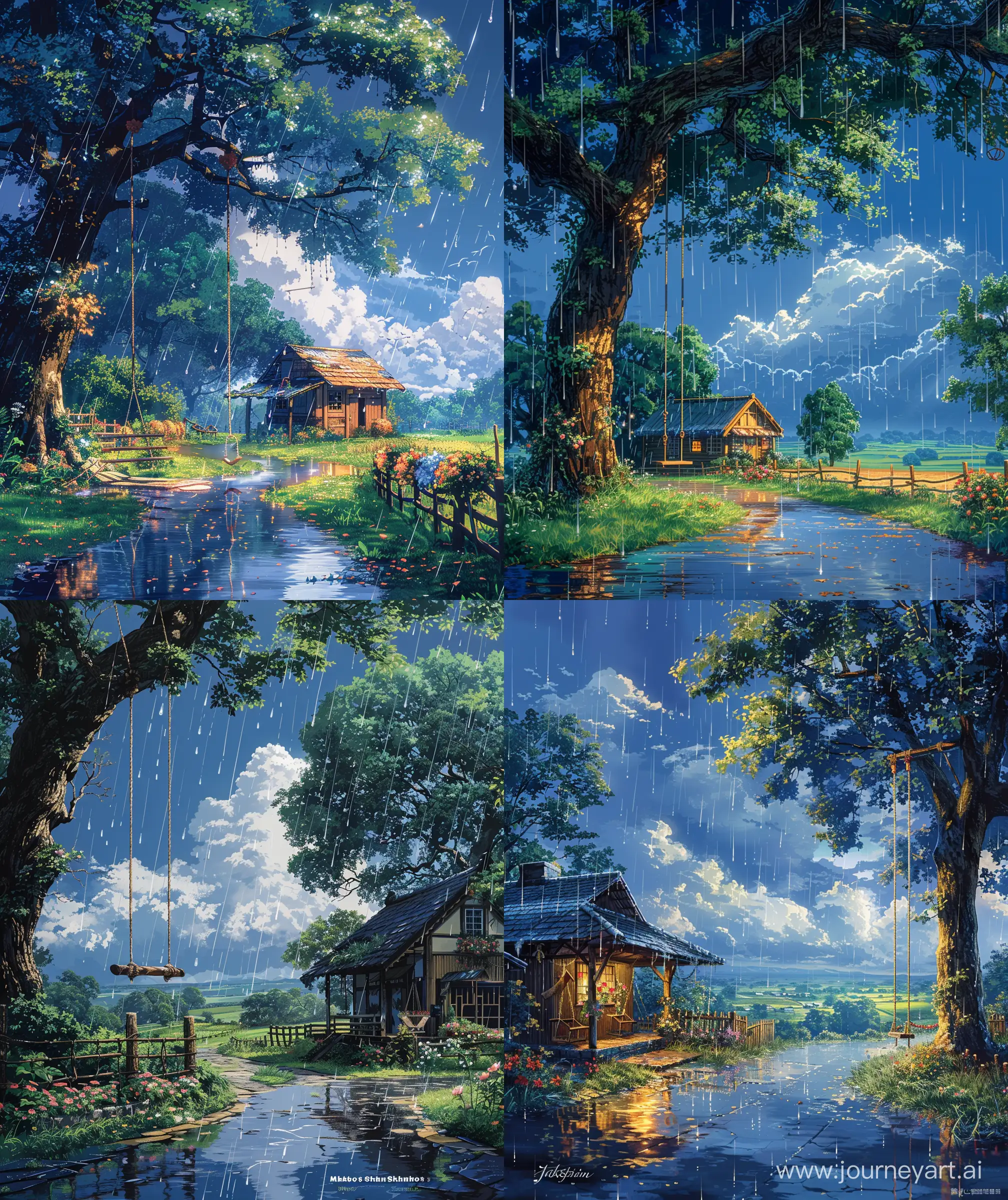 Beautiful anime scenary, mokoto shinkai style, rain fall  cottage, wet pavement, nature surrounding, tree, swing hanging from tree, farm land, Cilo beside cottage, fence decoration with flowers, blue sky with rain fall, illustration, ultra HD high quality, sharp details, no hyperrealistic --ar 27:32 --s 600