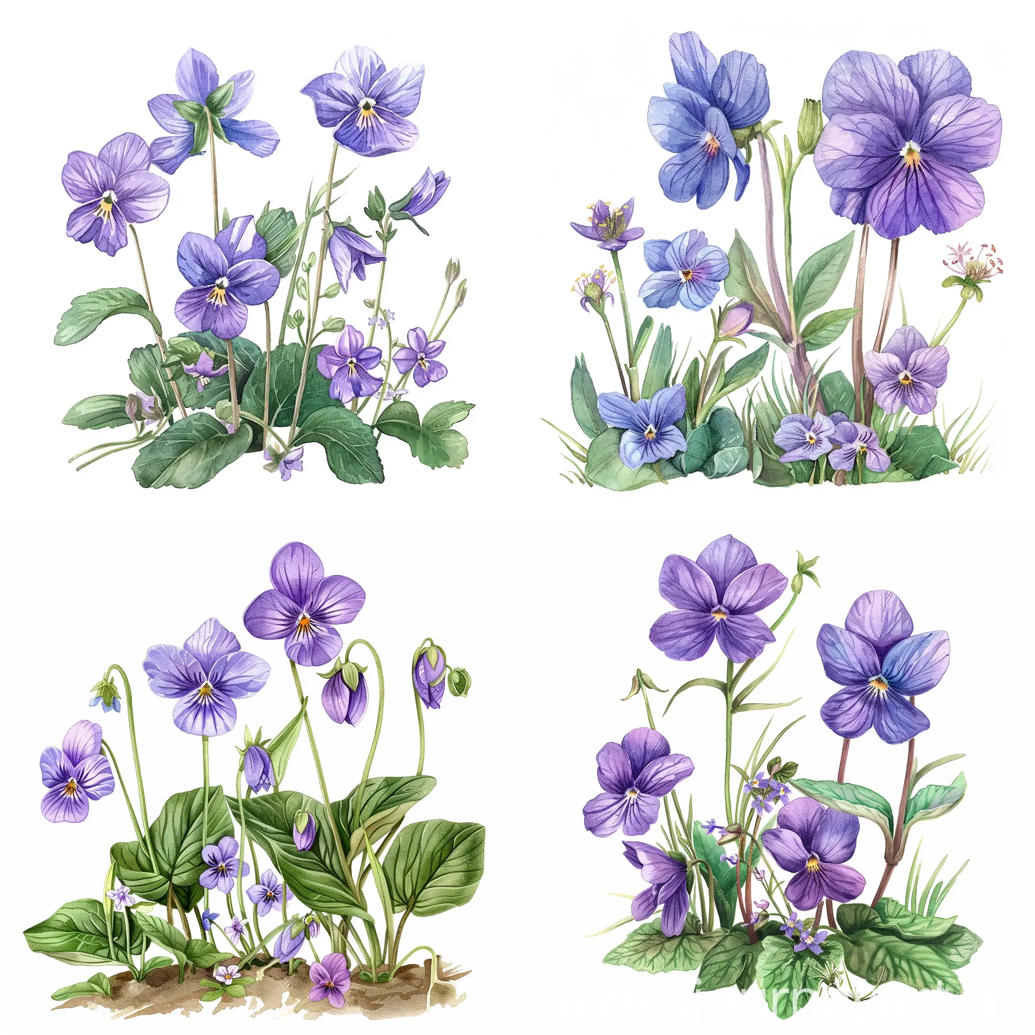 watercolor standing wildflower, violets and meadow saxifrage, on white background, soft handpainted, detailed