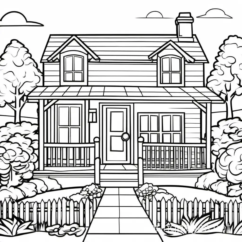 typical house with landscaping, Coloring Page, black and white, line art, white background, Simplicity, Ample White Space. The background of the coloring page is plain white to make it easy for young children to color within the lines. The outlines of all the subjects are easy to distinguish, making it simple for kids to color without too much difficulty