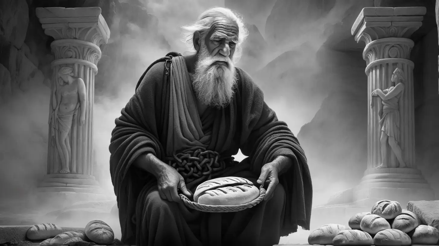 "Create an evocative black-and-white illustration capturing the essence of Greek mythology. Picture an elderly Greek man, weathered by time, with a solemn expression. His face adorned with a layer of bread, symbolizing sacrifice or ritual, while chains bind him, alluding to a mysterious past. Set this poignant scene against a backdrop of swirling fog, creating an atmosphere of ancient mystique. The interplay of shadows and light should evoke a sense of both hardship and resilience, inviting viewers to unravel the enigma behind this captivating visual narrative."