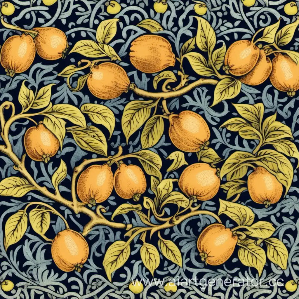 A pattern for printing on textile, inspired by William Morris, containing quince and walnuts