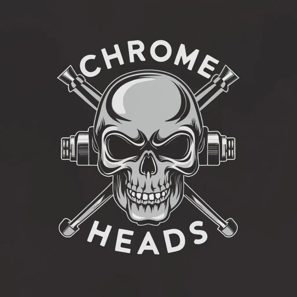 a logo design,with the text 'Chrome Heads', main symbol:a humanoid skull with a car pistion coming out the top,Moderate,clear background