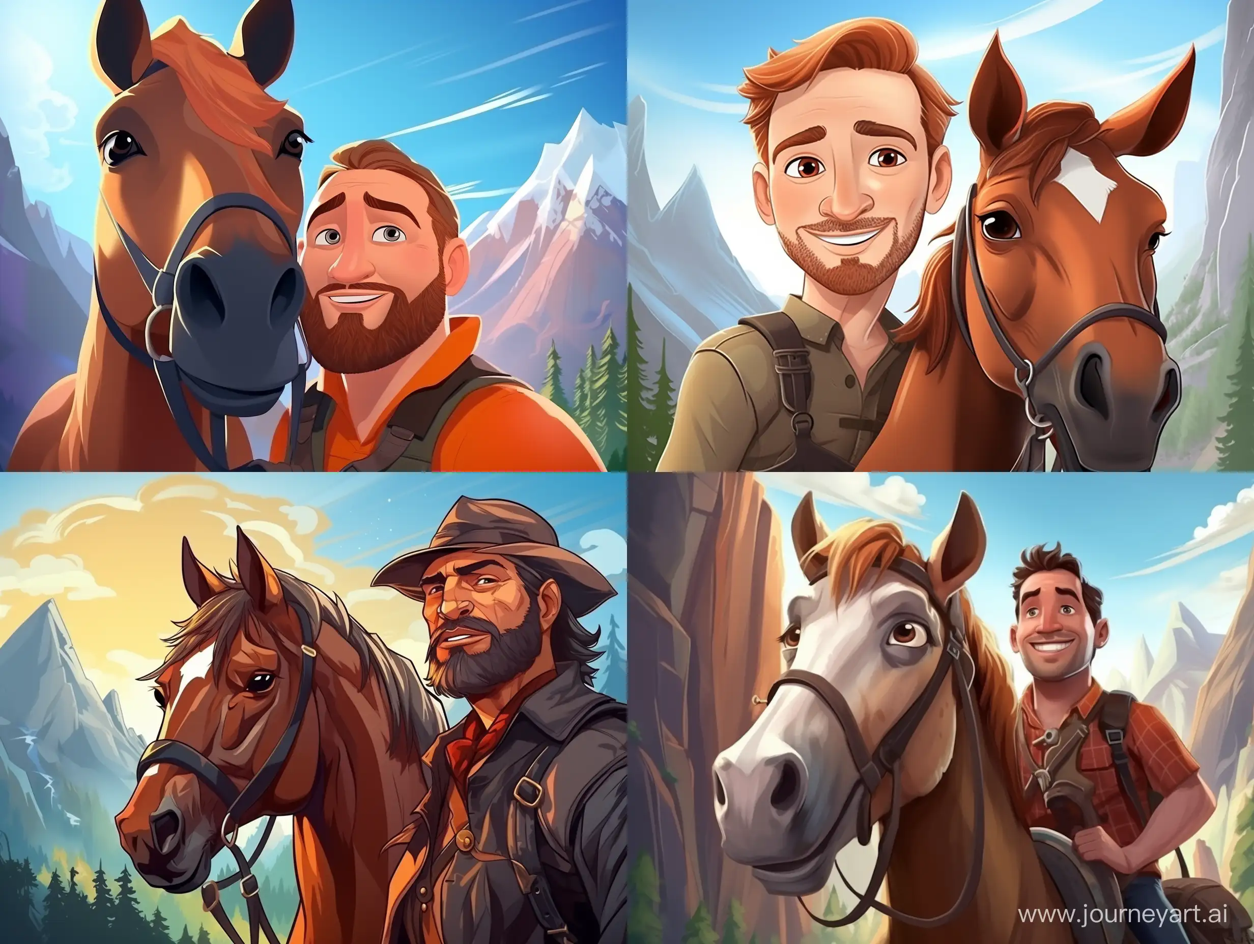 cartoon pixar style of a портрет храбрый мужчина с храбрым конем на фоне гор