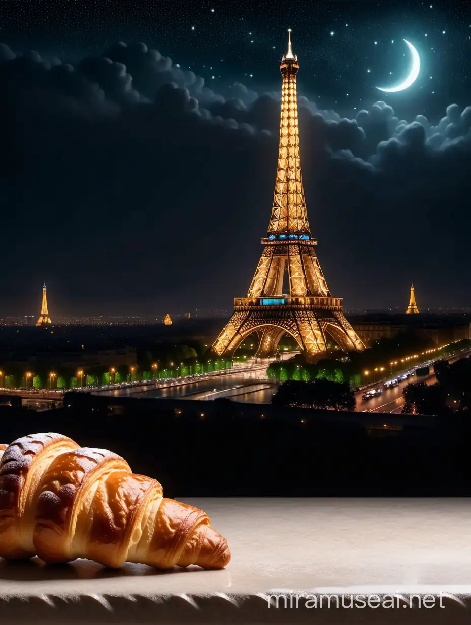 advertising banner
dark marble table is empty, fresh croissants lie on the table, behind the night dark sky and light from the Eiffel Tower