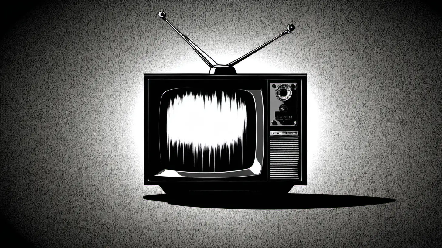 An old TV, in a darkened room, with the words 'death grip tape' on the screen in the style of Jim Phillips, black and white, stencil, minimalist, simplicity, vector art, negative space, isolated on black background --v 5.2