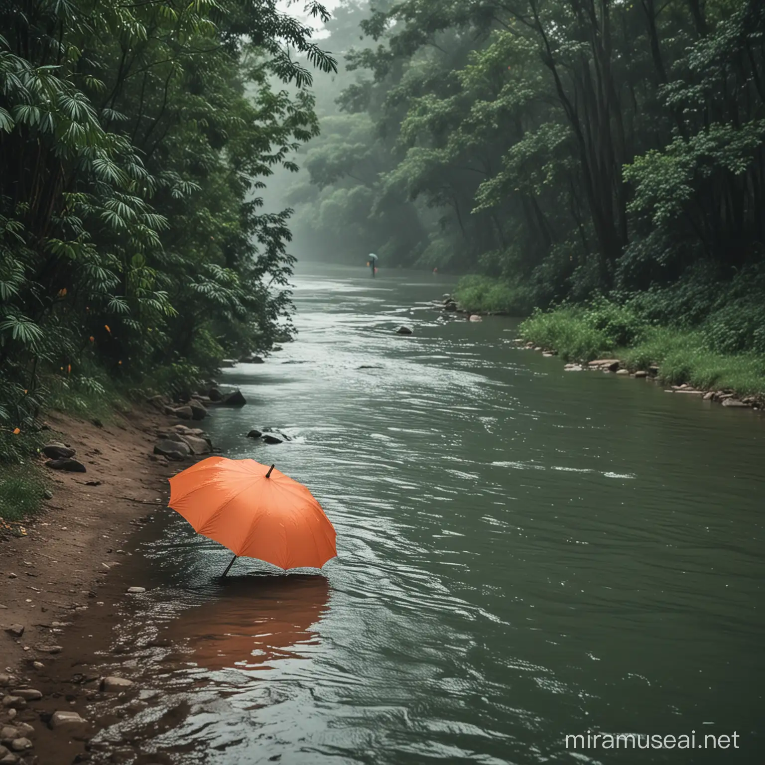 water river and umbrella in 1 frame
