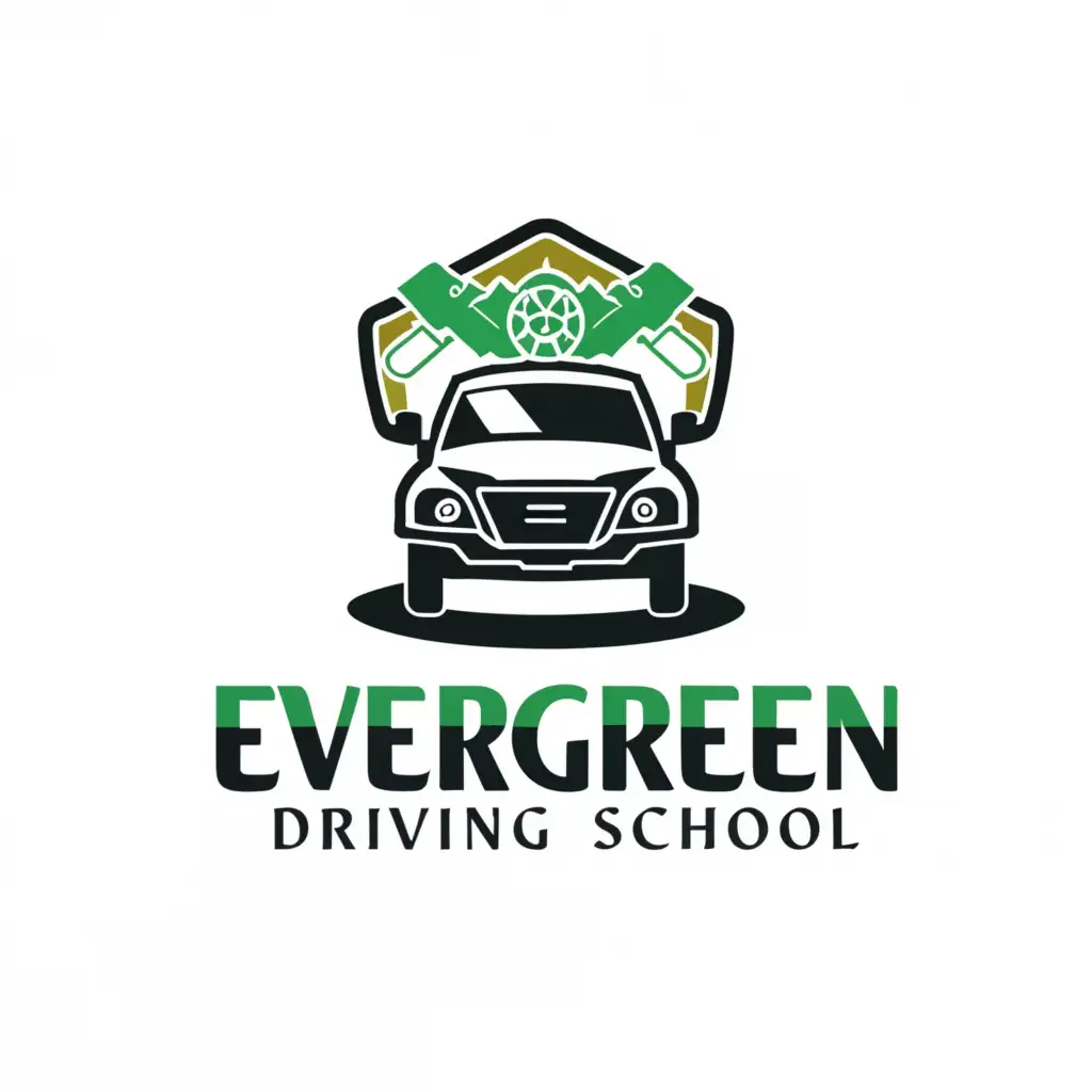 a logo design,with the text "EVERGREEN DRIVING SCHOOL", main symbol:CAR,BIKE,complex,be used in Automotive industry,clear background