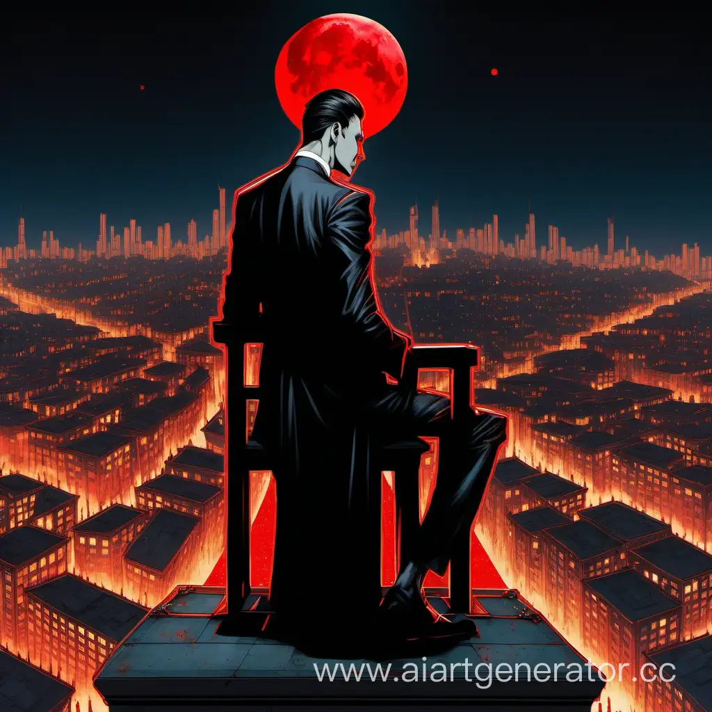 Крыша высокого много этажного здания, изящный трон на котором сидит мужчина в чёрном костюме, сверху освещает кроваво красная луна, видео весь город, у мужчины зачесанные назад волосы с выбритыми висками