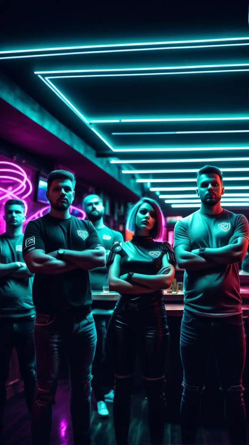 Futuristic Pub Supporters Standing with Crossed Arms