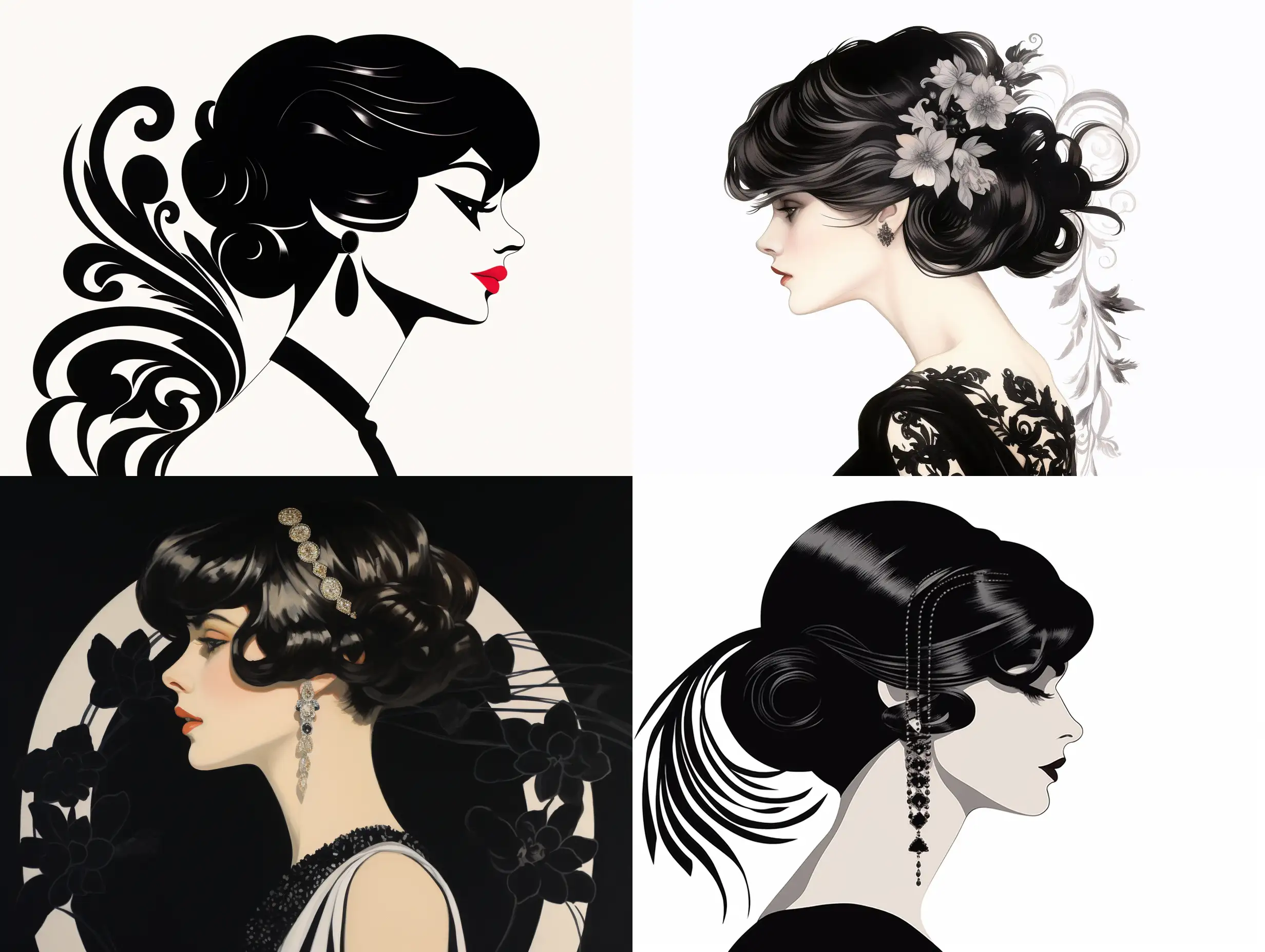 Waist-high portrait of Coco Chanel in profile, middle-aged, in a black dress, with Chanel accessories, with a small crown on her head, many details, against the background of the Chanel logo pattern, white color on the edge, fashion illustration style