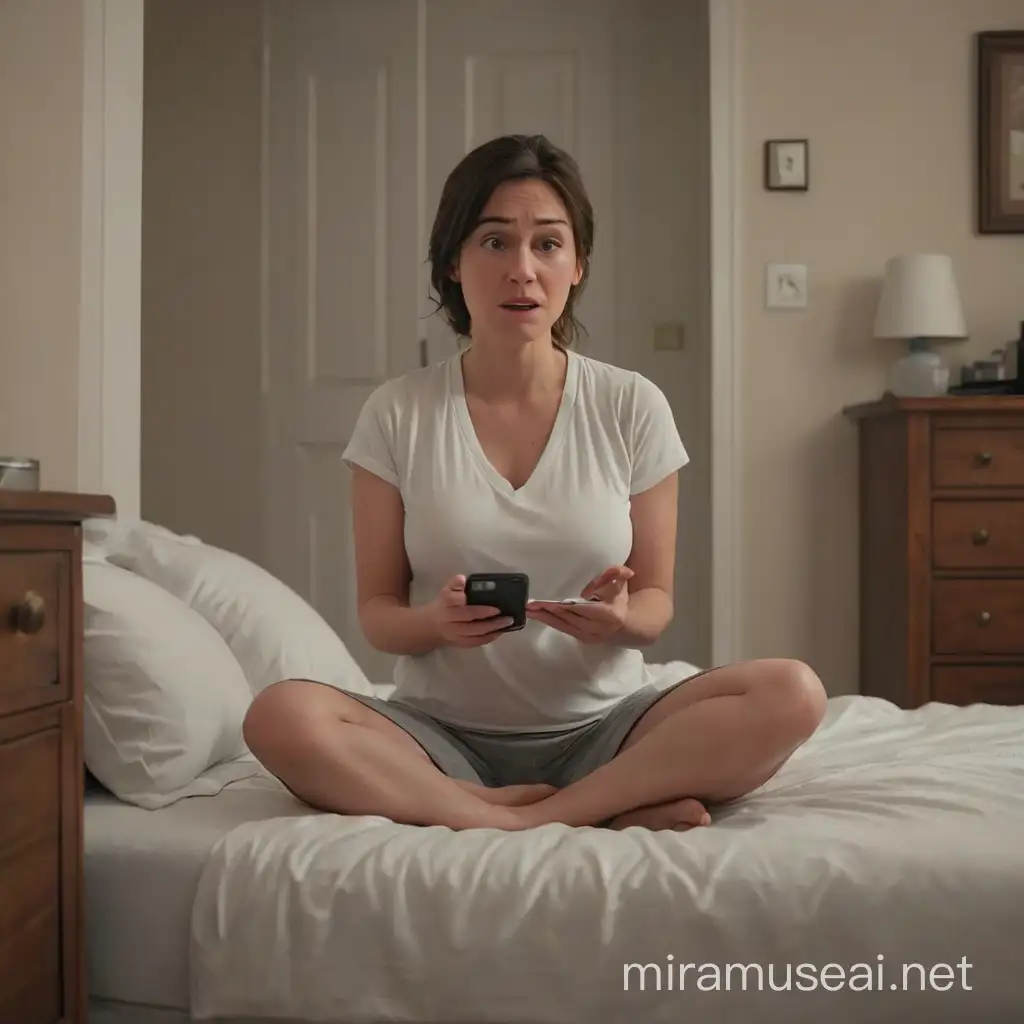 A woman sits in a fetal position next to her bed in the bedroom. The bedroom door is closed. Looking scared, holding her cell phone in her hand and trying to send a message