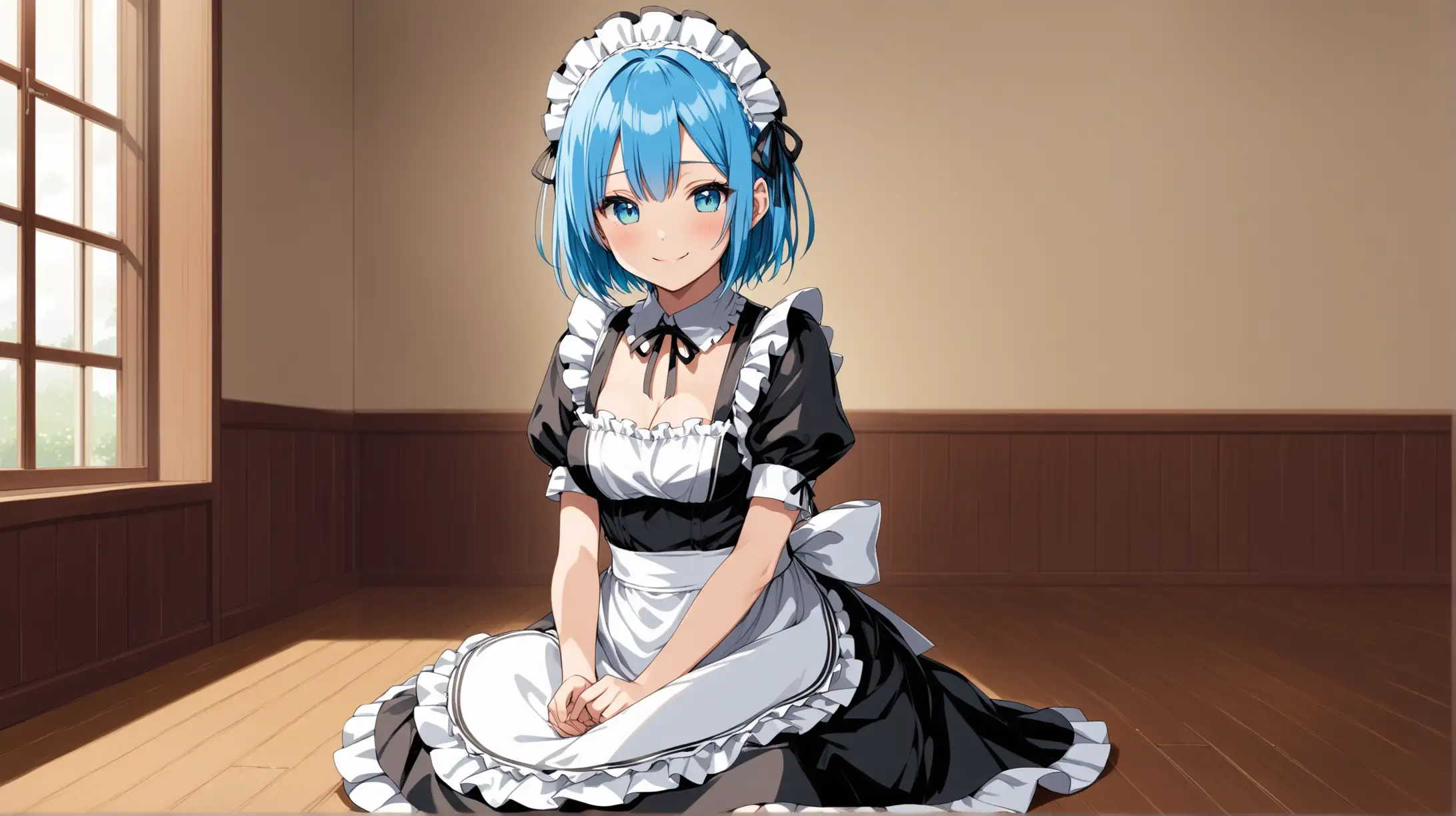 Draw the character Rem, high quality, wearing a maid outfit, sitting indoors, on an overcast day, smiling at the viewer