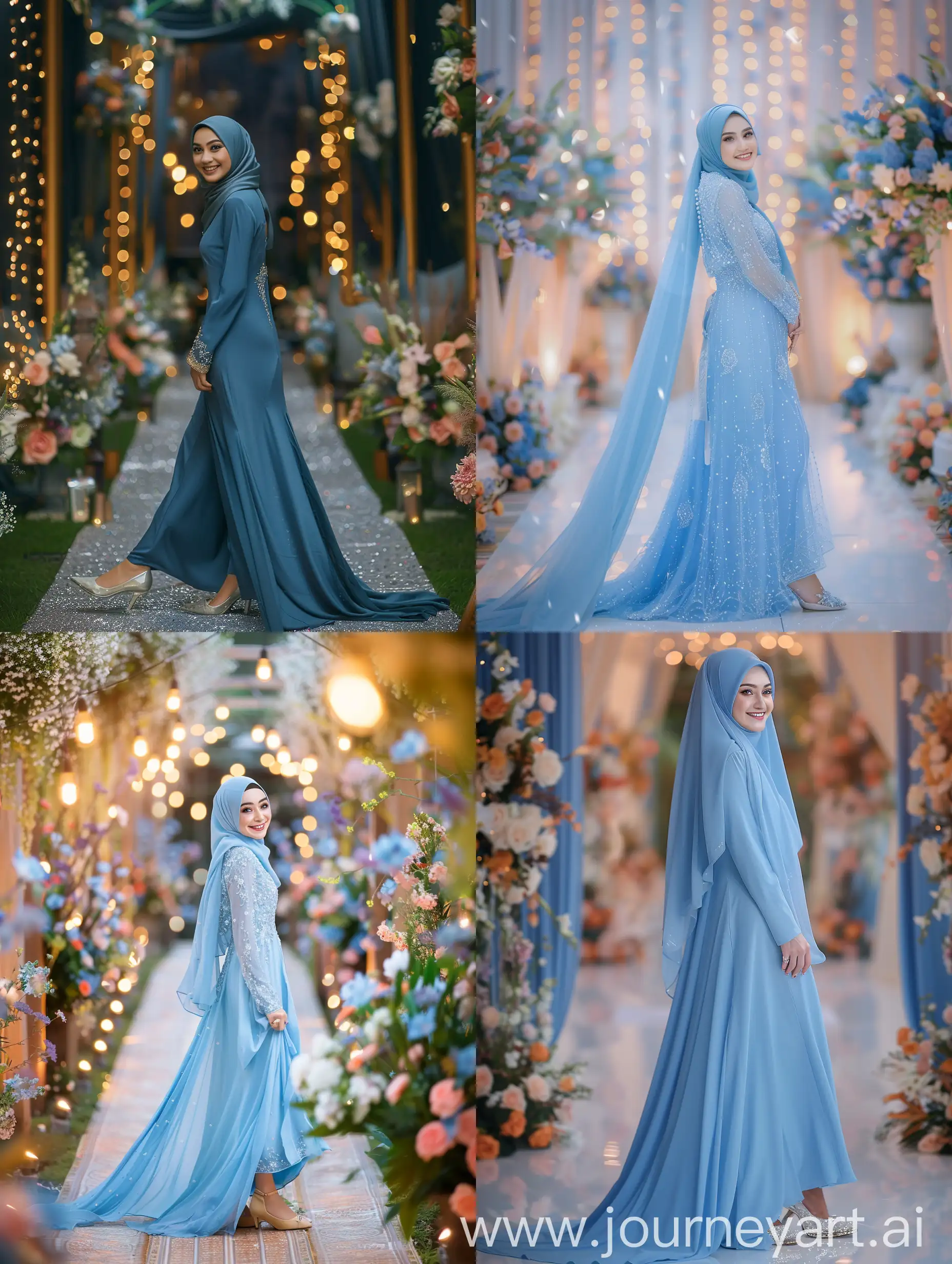 Joyful-Indonesian-Bride-in-Elegant-Blue-Muslim-Dress-and-Bridal-Shoes