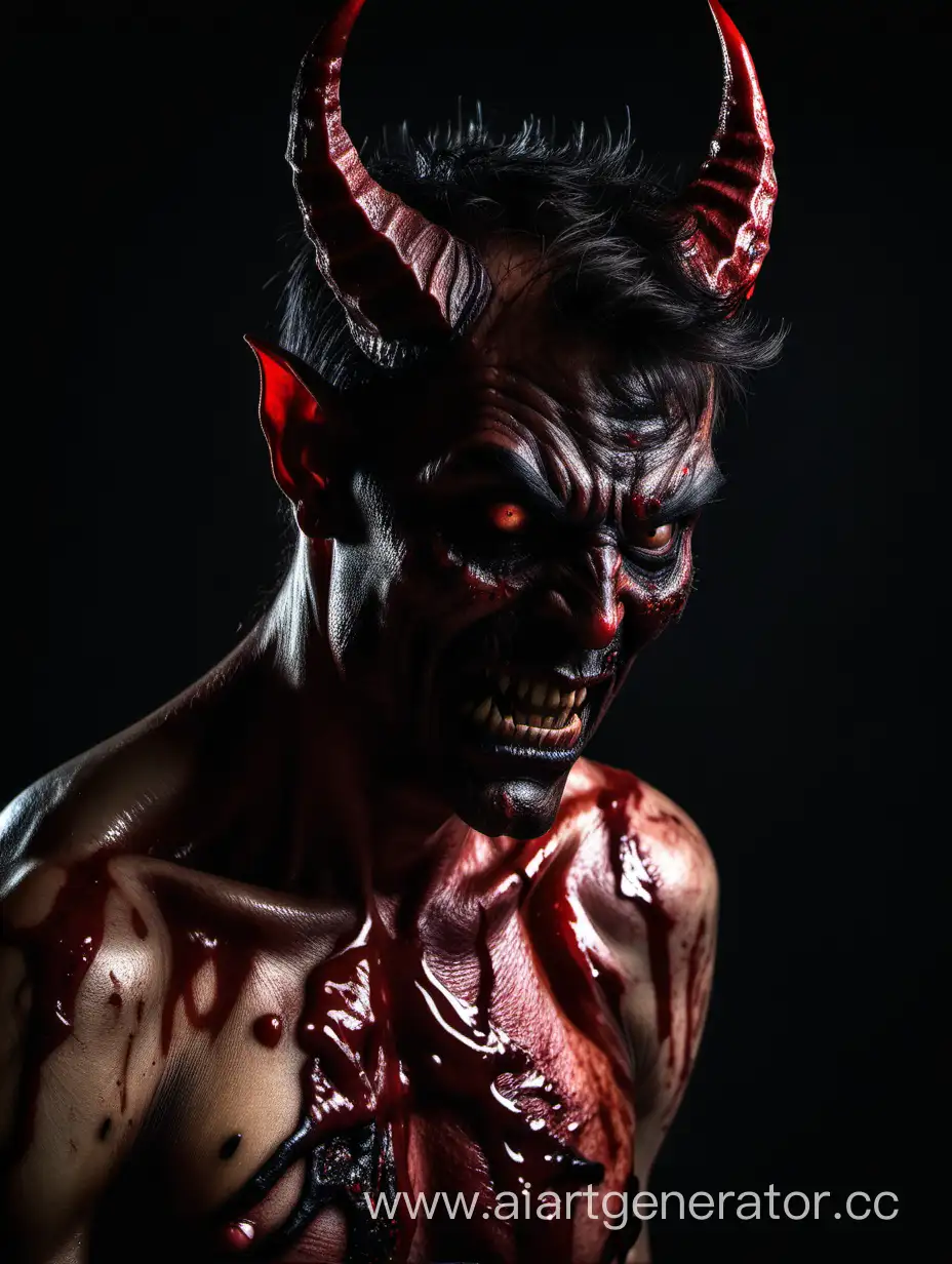 страшный дьявол с кровью, по плечи на темном фоне,  смотрит прямо