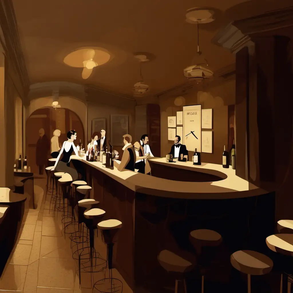 illustration of sophisticated wine bar. Filled with people drinking, sitting and standing around counter. on the walls there are picture from Berlin. There is one  clock set to 6pm