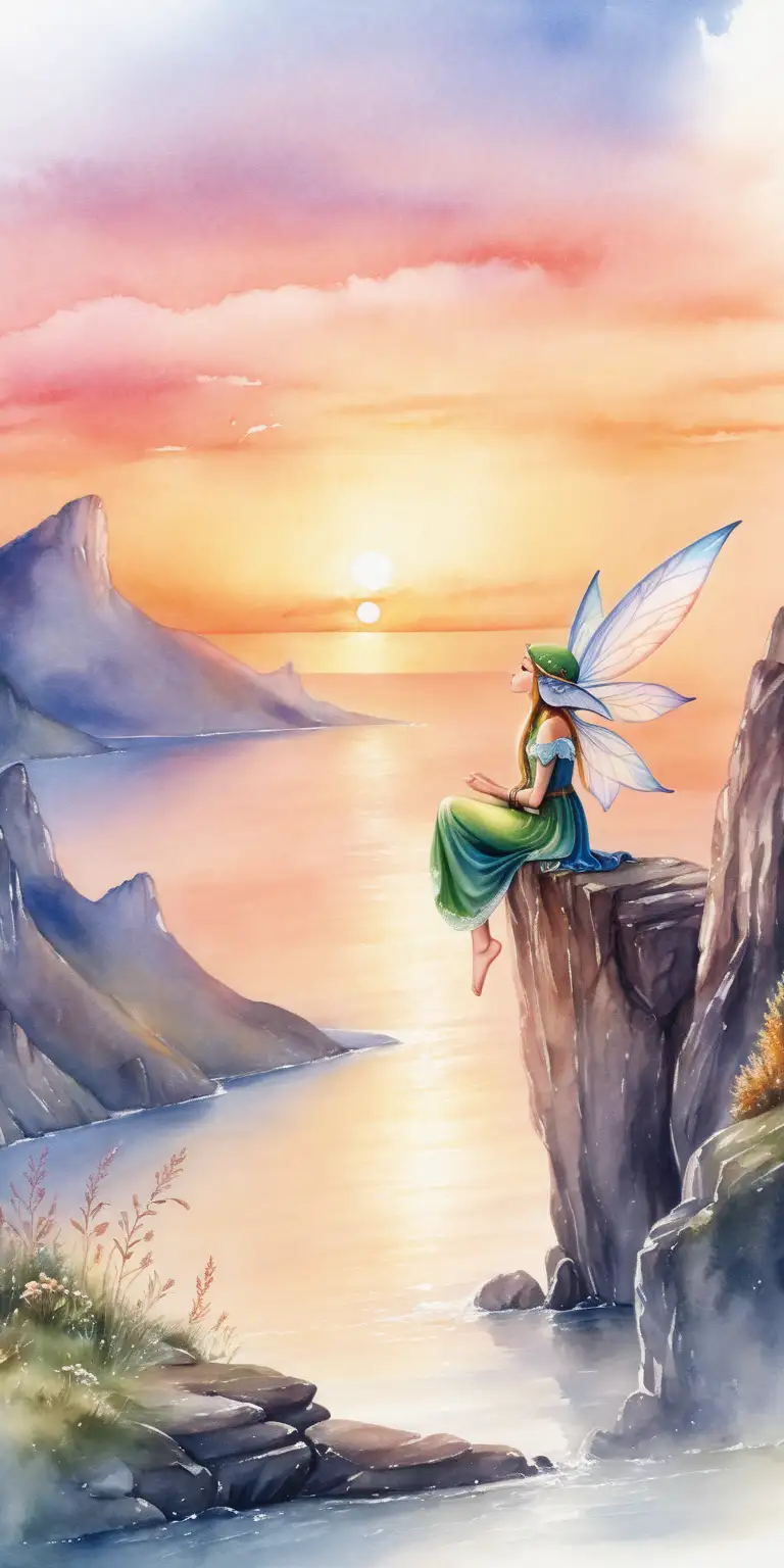 Graceful Elf Enjoying Sunset with Watercolor Sky