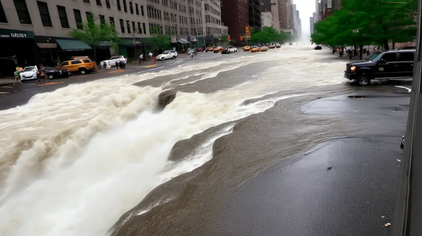 new york street turned into churning river with waterfall
