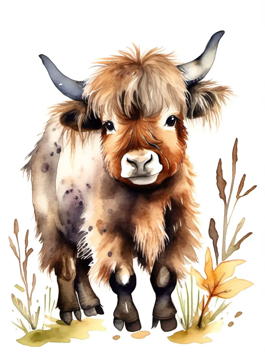 Adorable Watercolor Drawing of a Baby Yak in Woodland Style