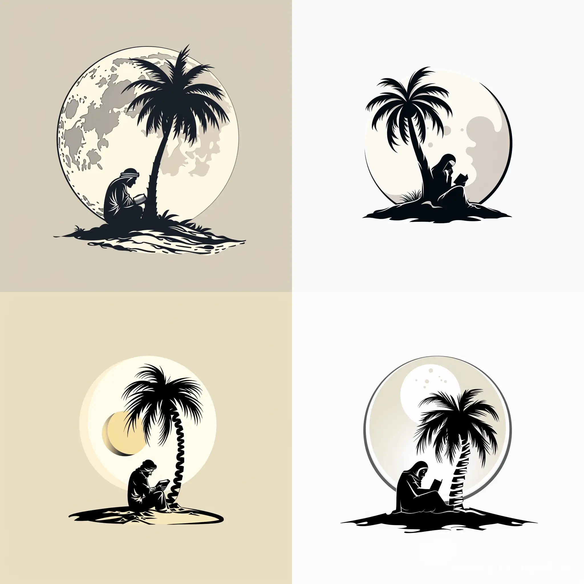 Make a very simple logo about a Middle Eastern Bedouin man reading a book and leaning his back on a palm tree in the middle of an oasis with big moon behind. Make the background and the moon full white, make the man and the palm tree black and only color the sand under the man.
