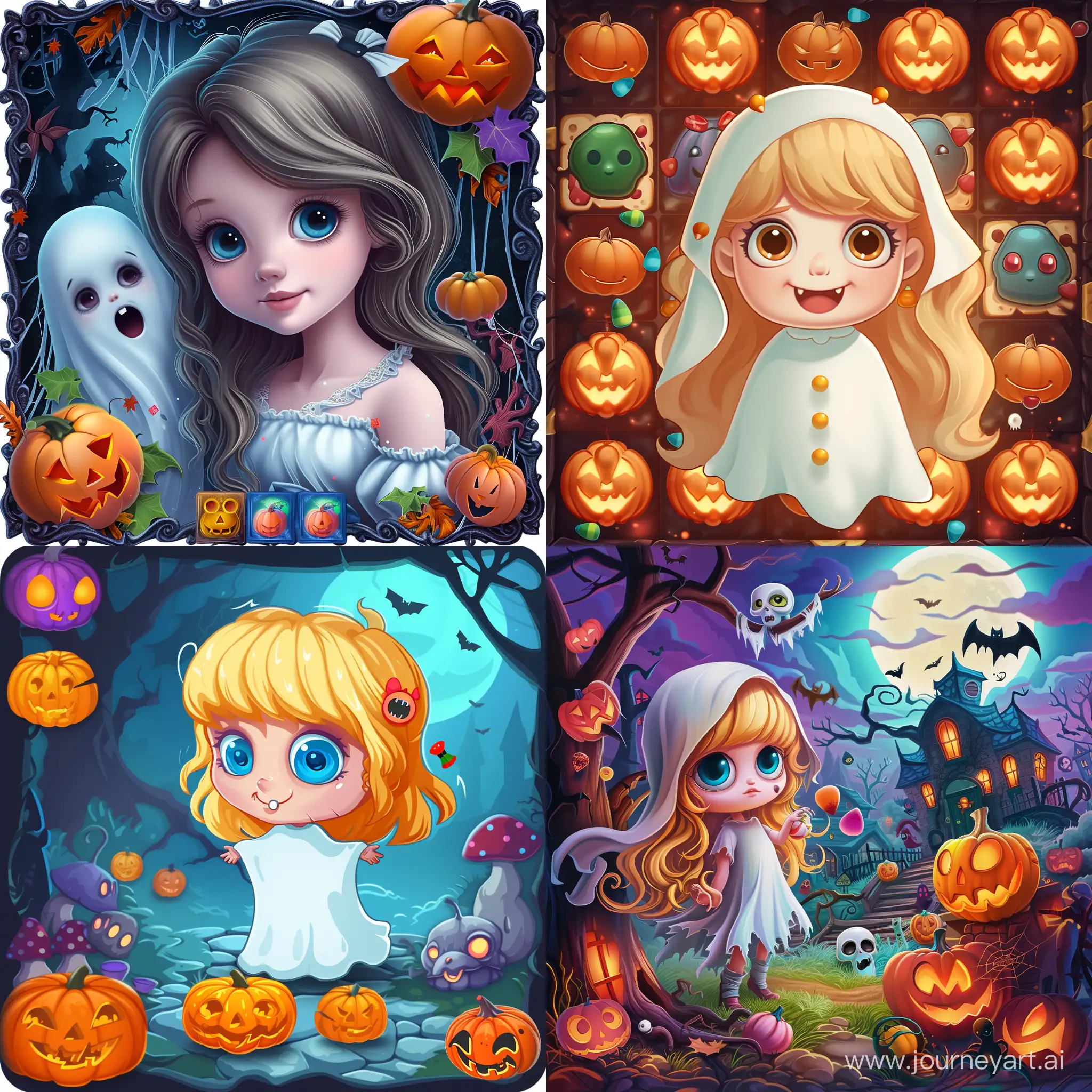 match-3 game screensaver in halloween theme with a ghost girl