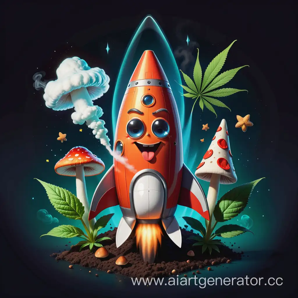 Whimsical-Rocket-with-Mushroom-and-Cone-Characters-Playful-Marijuana-Logo-Design