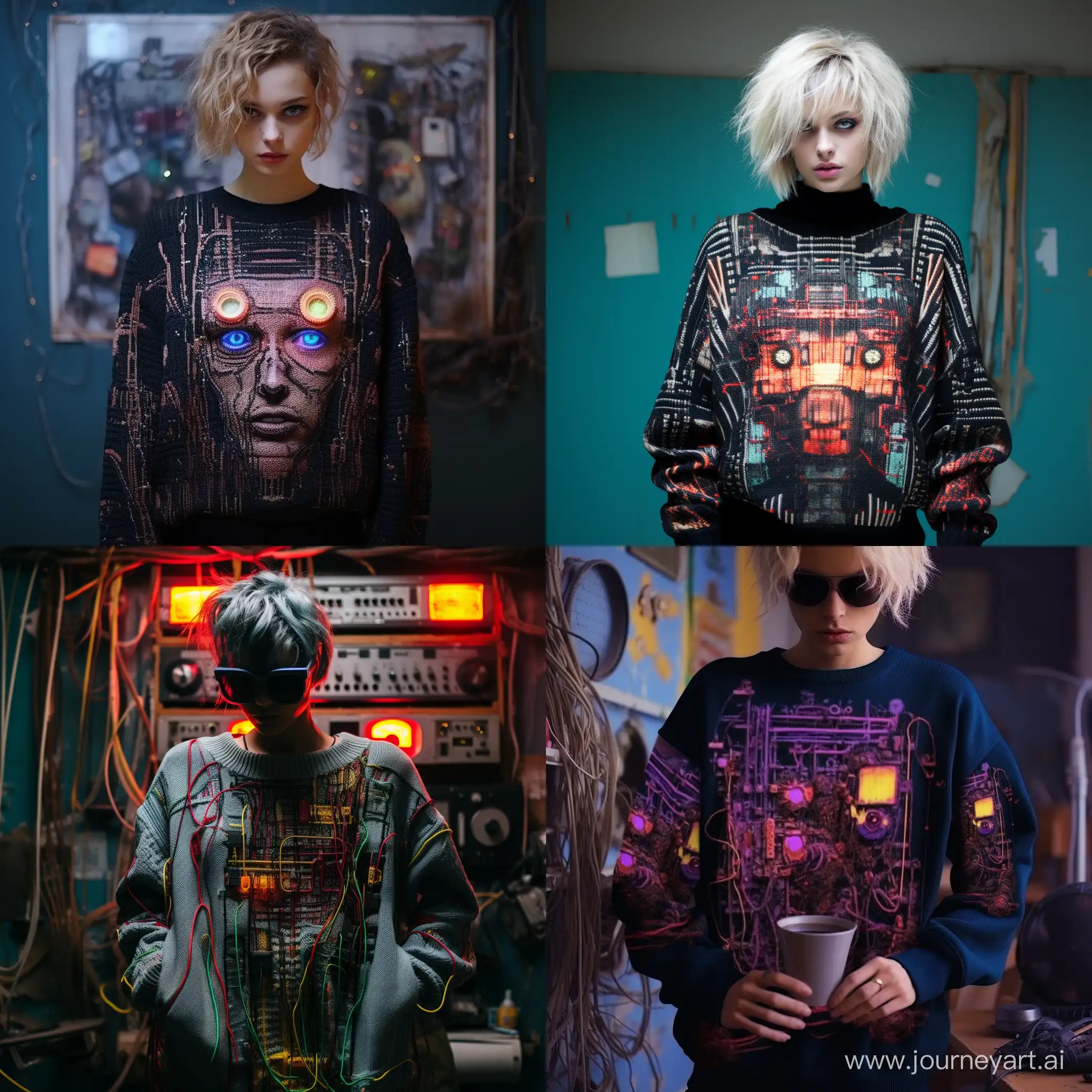A photo of an oversize knitted sweater with a flat image on the sweater on which the computer controls the world, it conquered every person and plant, the image is connected from threads, punk style of the 80s, cyberpunk films