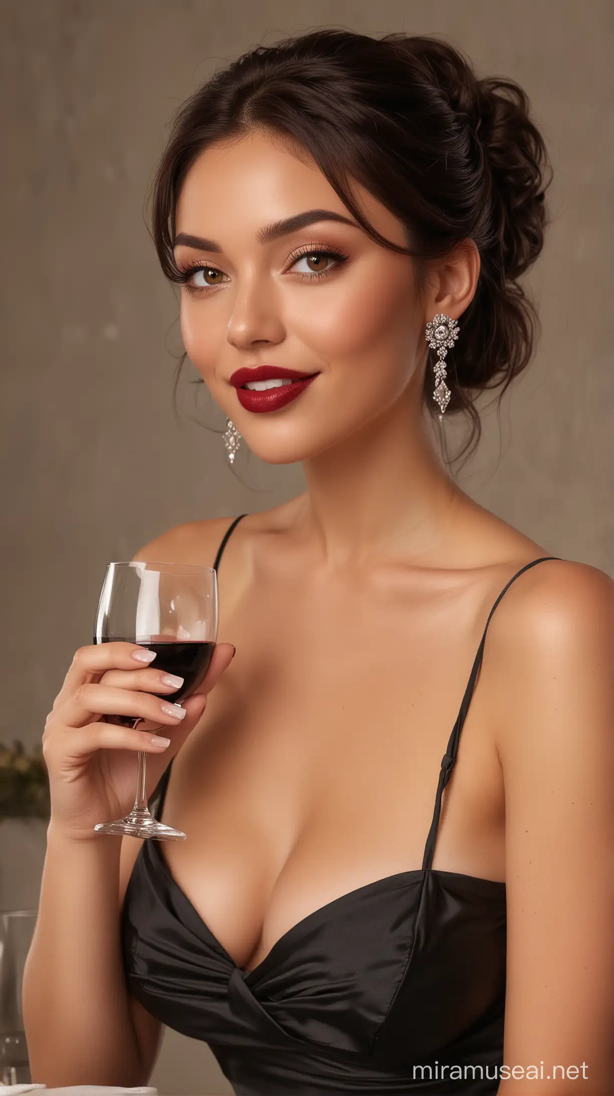 Elegant AfricanAmerican Woman Enjoying Night Date Dinner with Red Wine