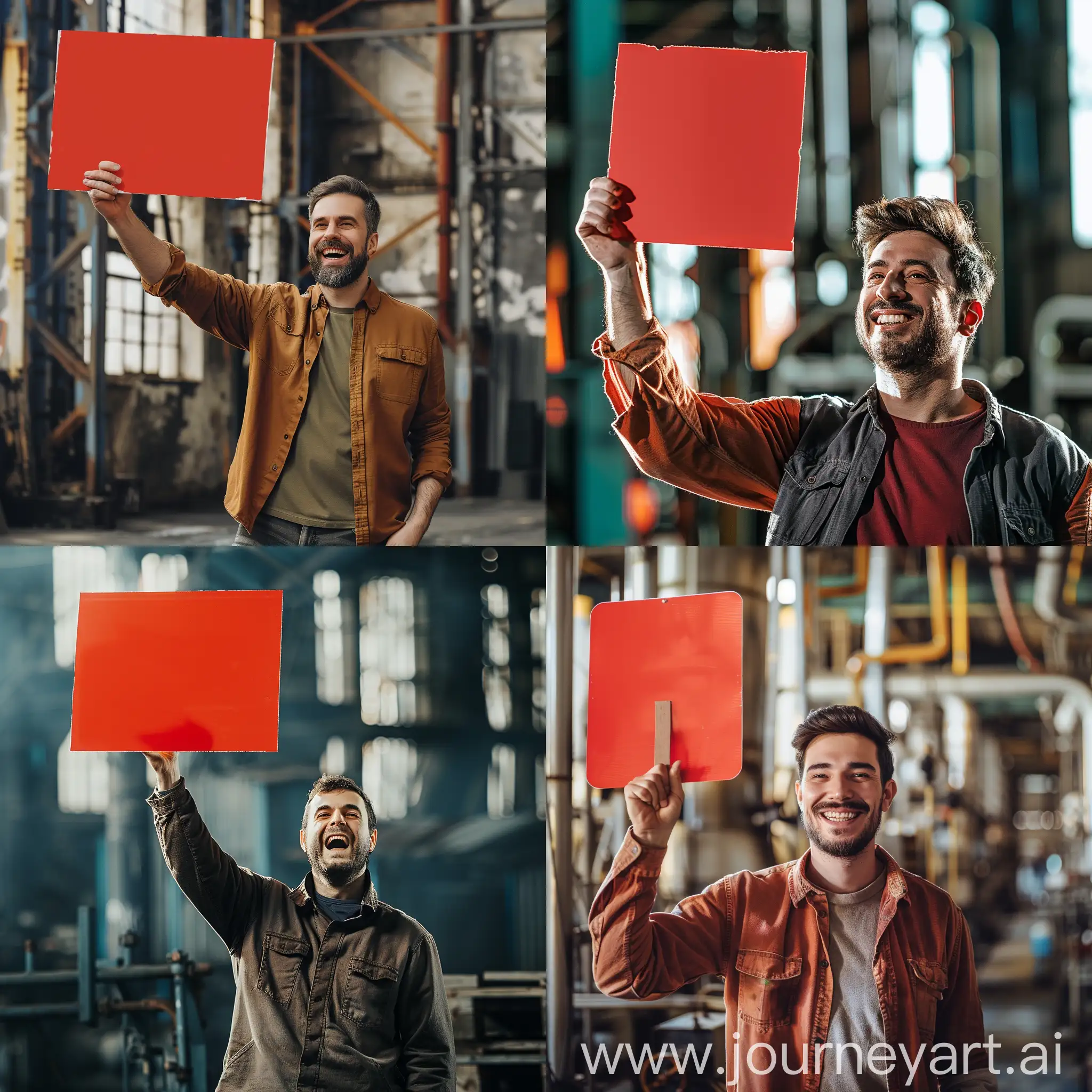 Cheerful-Man-Holding-Red-High-Sign-against-Industrial-Backdrop