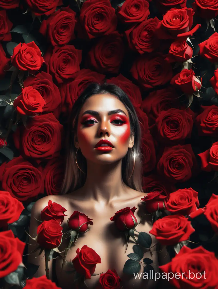 portrait of an Instagram model, surround by red roses , surreal nature --c100 --s 80 --w 35