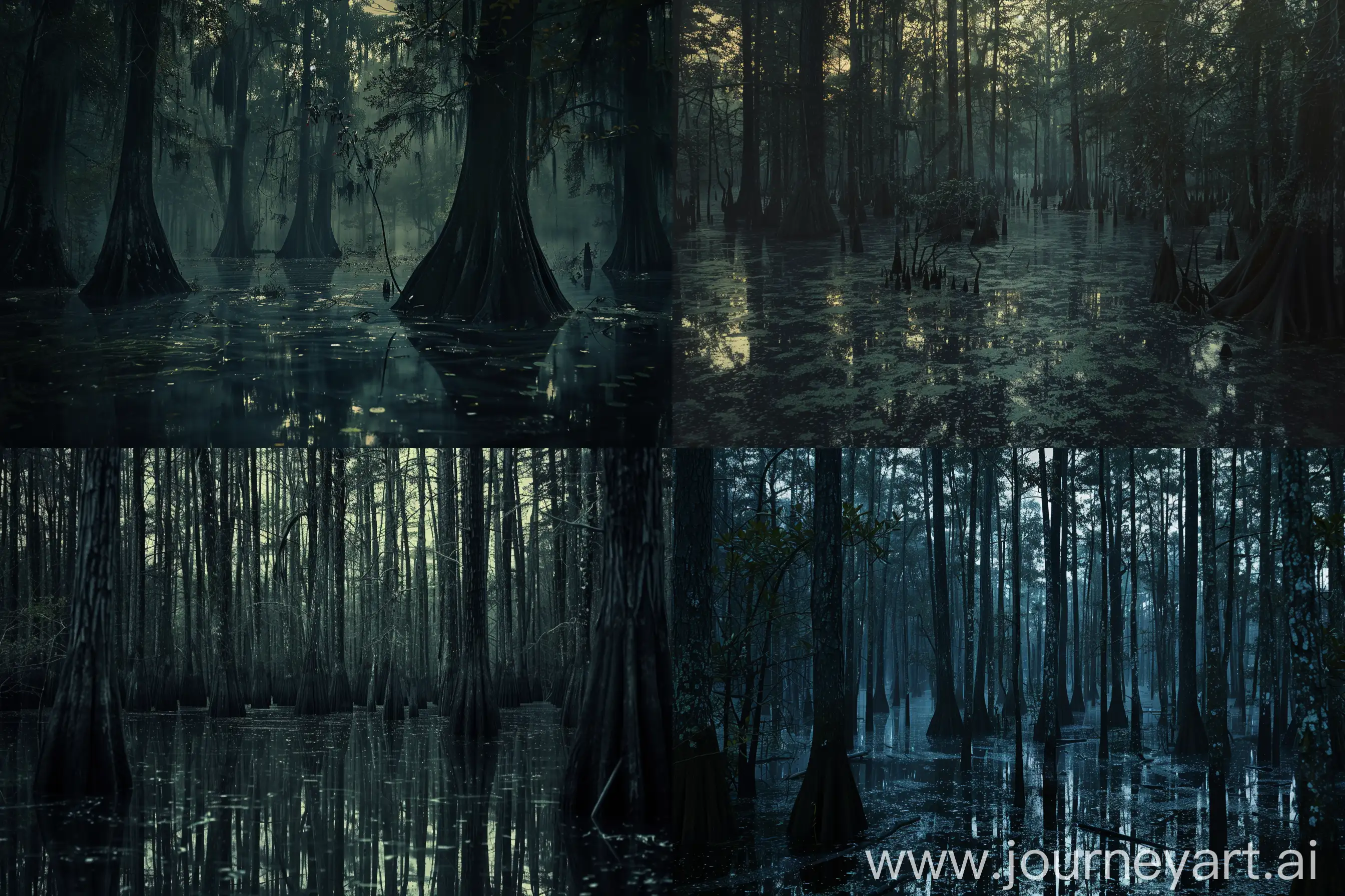 film establishing shot of swamp forest trees by Léonard Misonne , mystic dark mood, 8k --ar 3:2