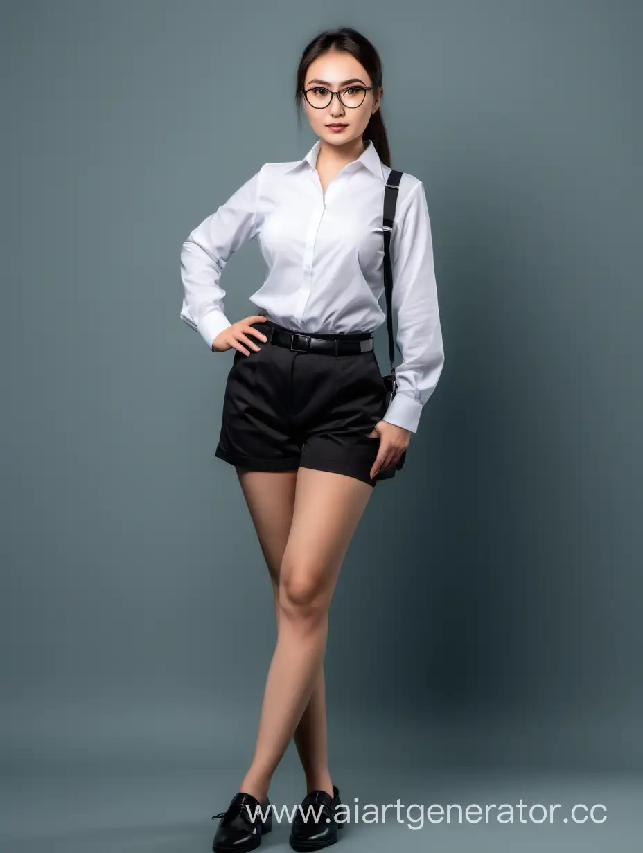 Молодая казашка секретарша в белой рубашке с длинными рукавами и чёрных офисных шортах и туфлях и очках с ремнем, полный рост